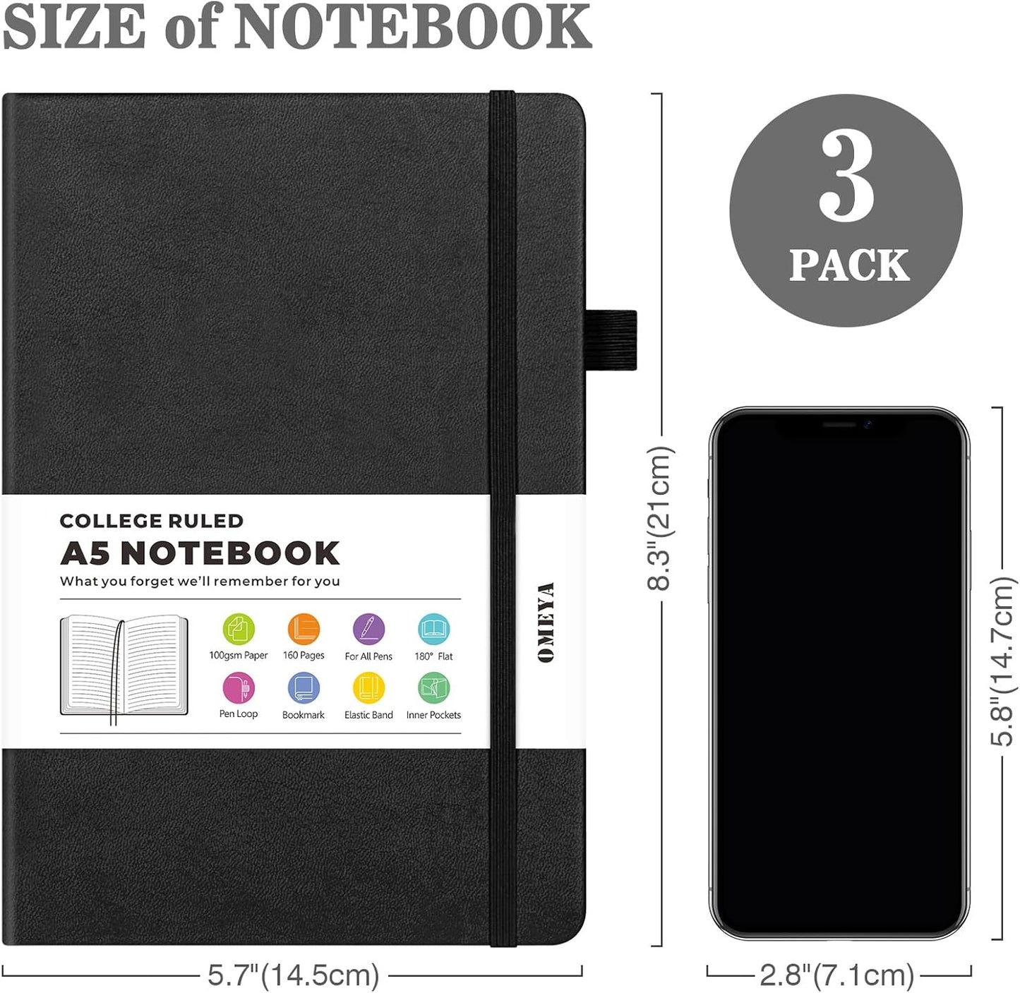OMEYA Lined Journal Notebook, 3 Pack A5 College Ruled Notebooks for Work, Hardcover Notebook Each with 2 Pockets & Pen, Leather Journal for Women, Men, 160 Pages, 100GSM Thick Paper (Black)