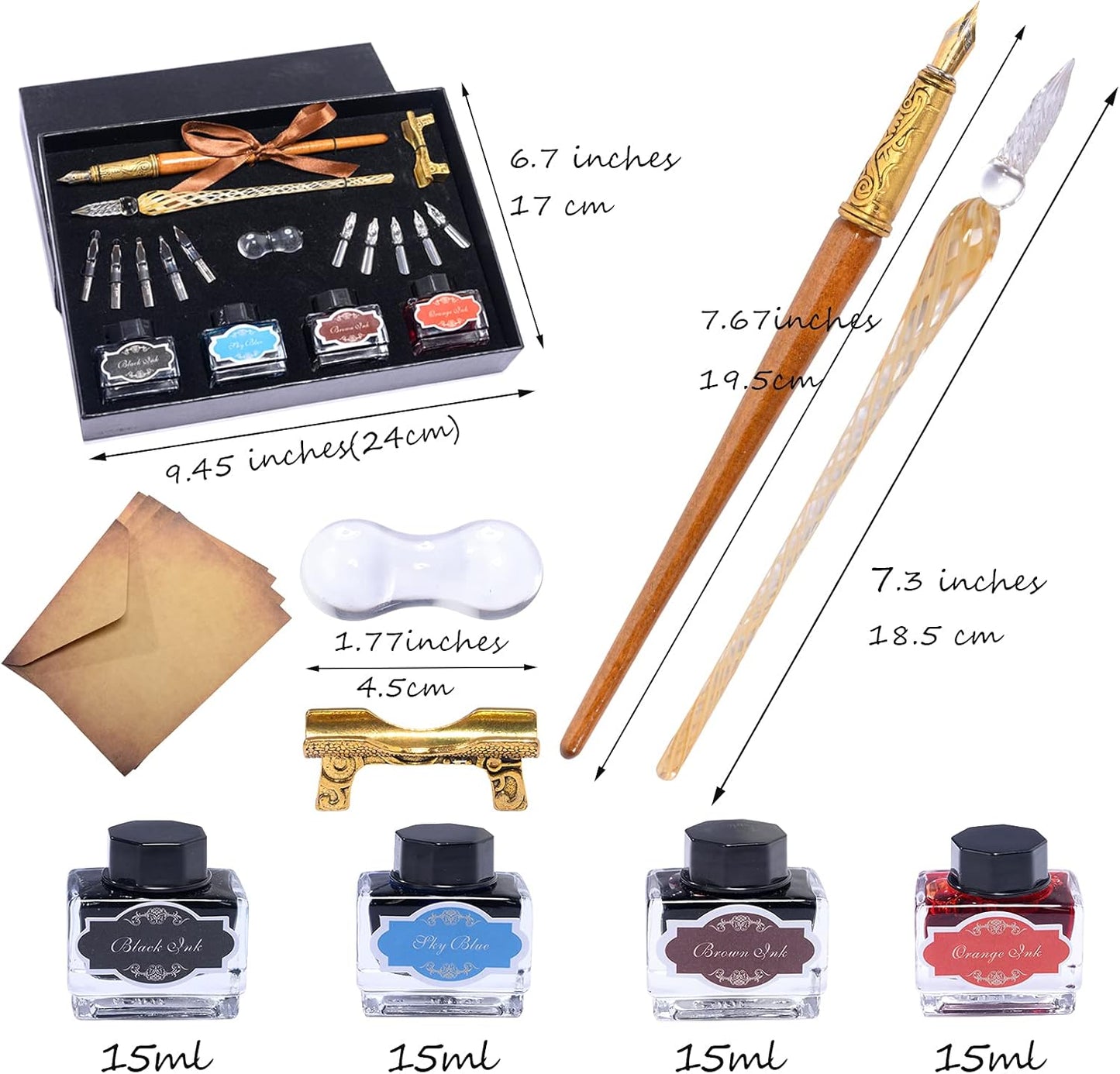 Calligraphy Pen Set Include Vintage Fountain Wooden Pen Glass Dip Pen for Beginners, 4 Colors Bottles of Ink, 10 Replaceable Nibs, 2 Pen Holders