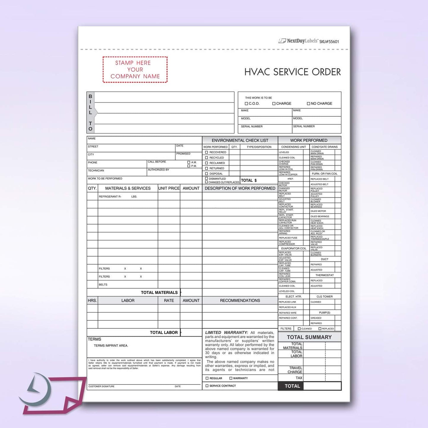 HVAC Service Order Invoice & Repair Detail Form, 3 Part Forms Carbonless (No Company Name Printed) 100 Sets