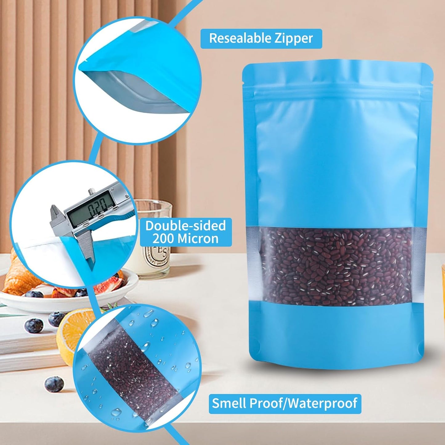 100 Pack Smell Proof Bags, Resealable Blue Mylar Bags with Matte Window, Foil Pouch Stand Up Sealable Bags for Packaging, 5.51 × 7.87 Inch