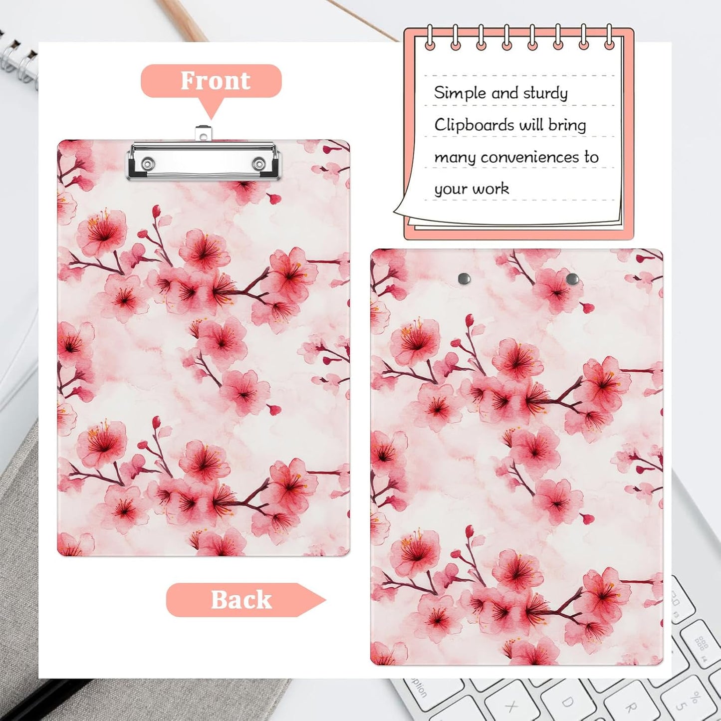 Pink Cherry Blossom Plastic Clipboards,Cute Fashion Clipboard Decorative 8.5" x 12.5"Standard A4 Size Clipboards,Acrylic Clipboard for Teacher,Social Worker,Students,Nurse,Office Supplies