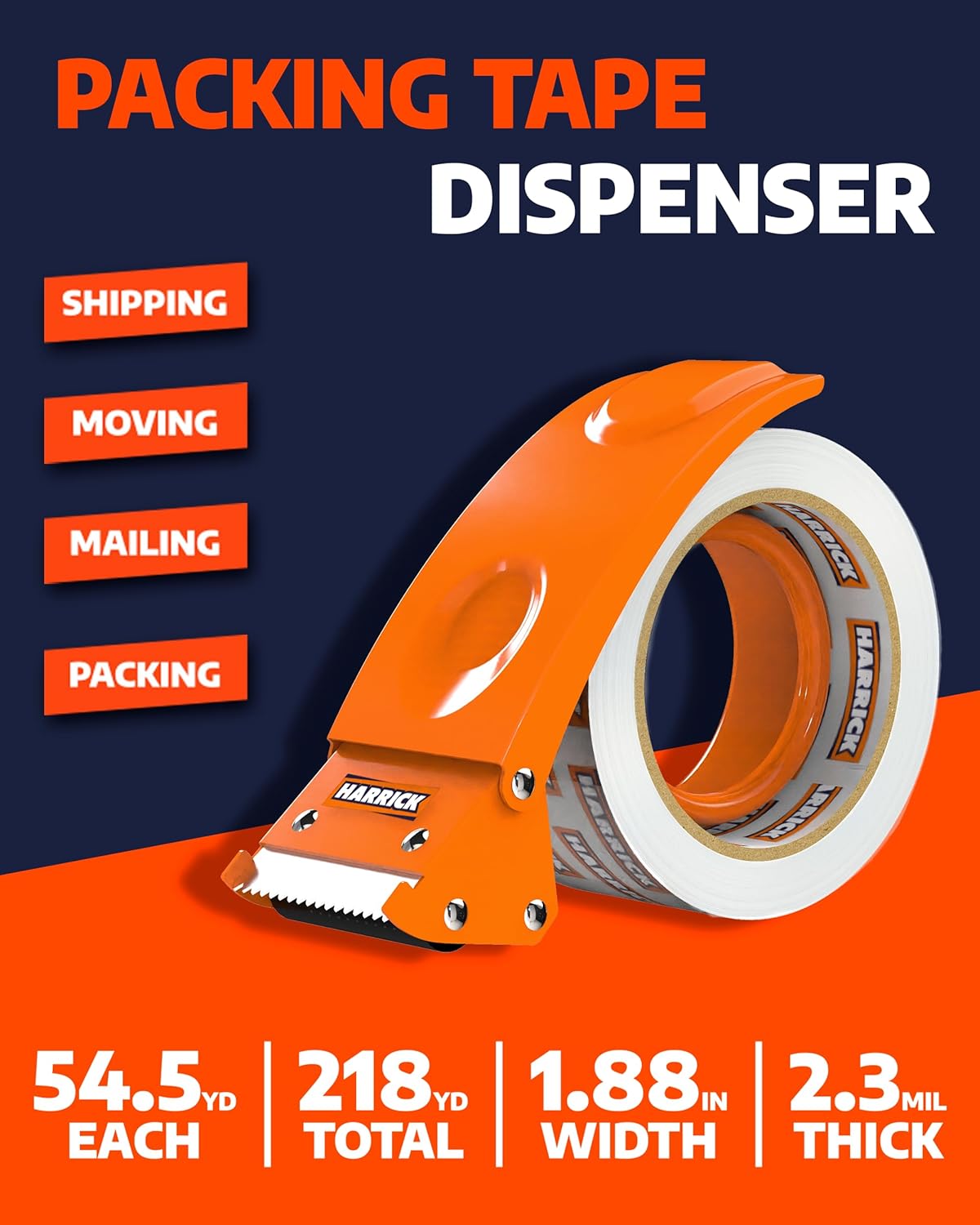 Clear Packing Tape with Dispenser 1.88 inch - Metal Strong & Durable Heavy Duty Packing Tape with Dispenser - Strong Strapping Tape with Dispenser Easy Tear & Seal - 4 Rolls / 2 Dispenser / 218 Yards