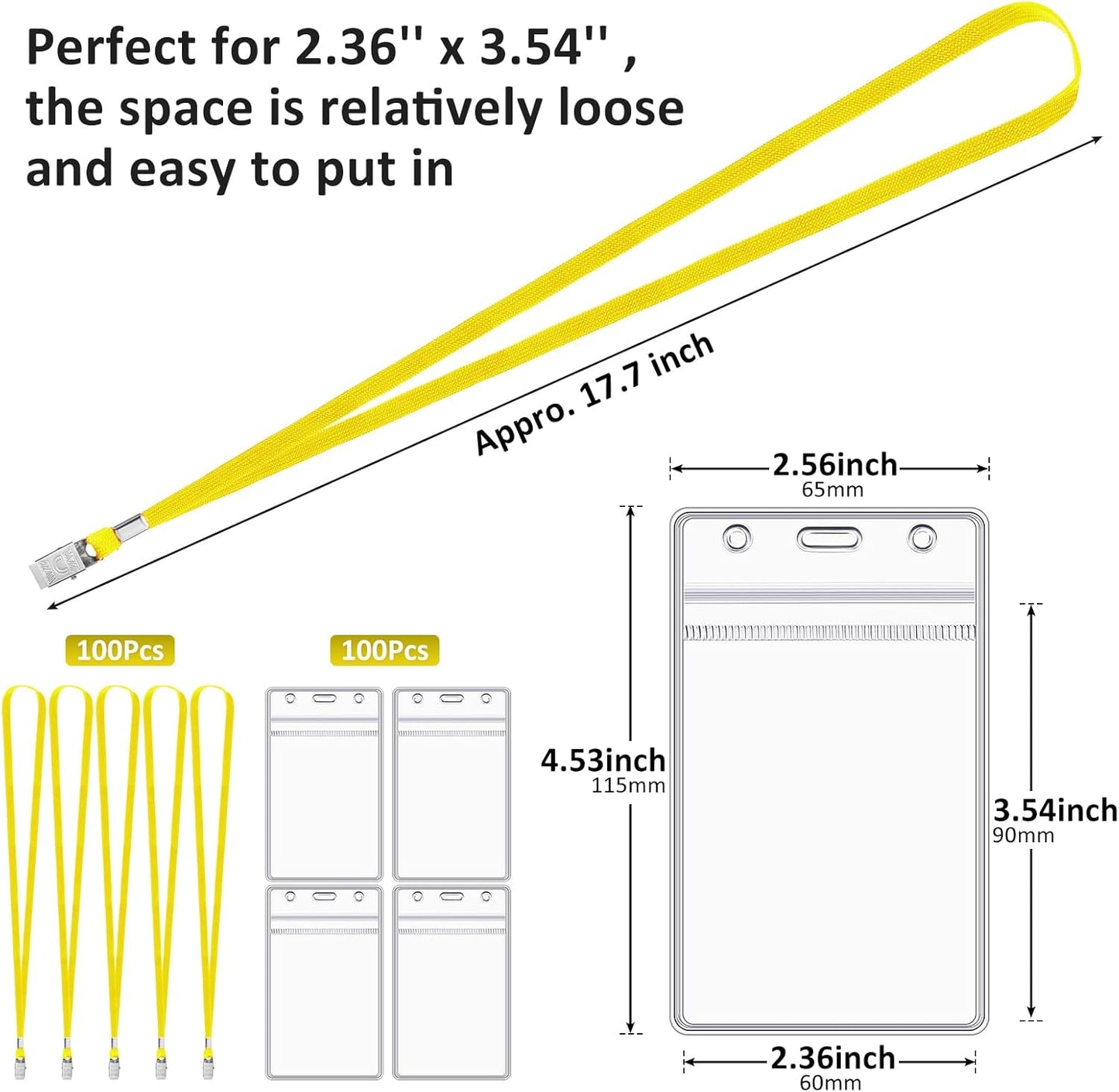 Marspark 200 Pcs Name Tag Lanyards with ID Holder Lanyards for ID Badges Resealable Flat Neck Name Tag with Clip Waterproof Plastic Clear Badges Bulk for School Office Supplies (Yellow)