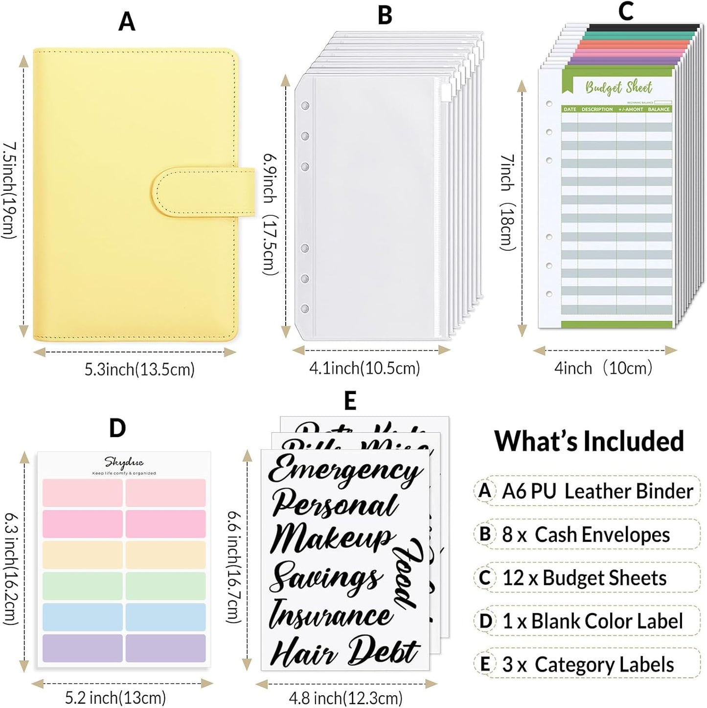 SKYDUE Budget Binder with 8pcs Zipper Envelopes, Money Organizer for Cash with 12pcs Expense Budget Sheets & 24 Blak Sticky Labels, Budget Book with Cash Envelopes, Yellow, A6 (1008HYJ-HZ_A6Yellow)