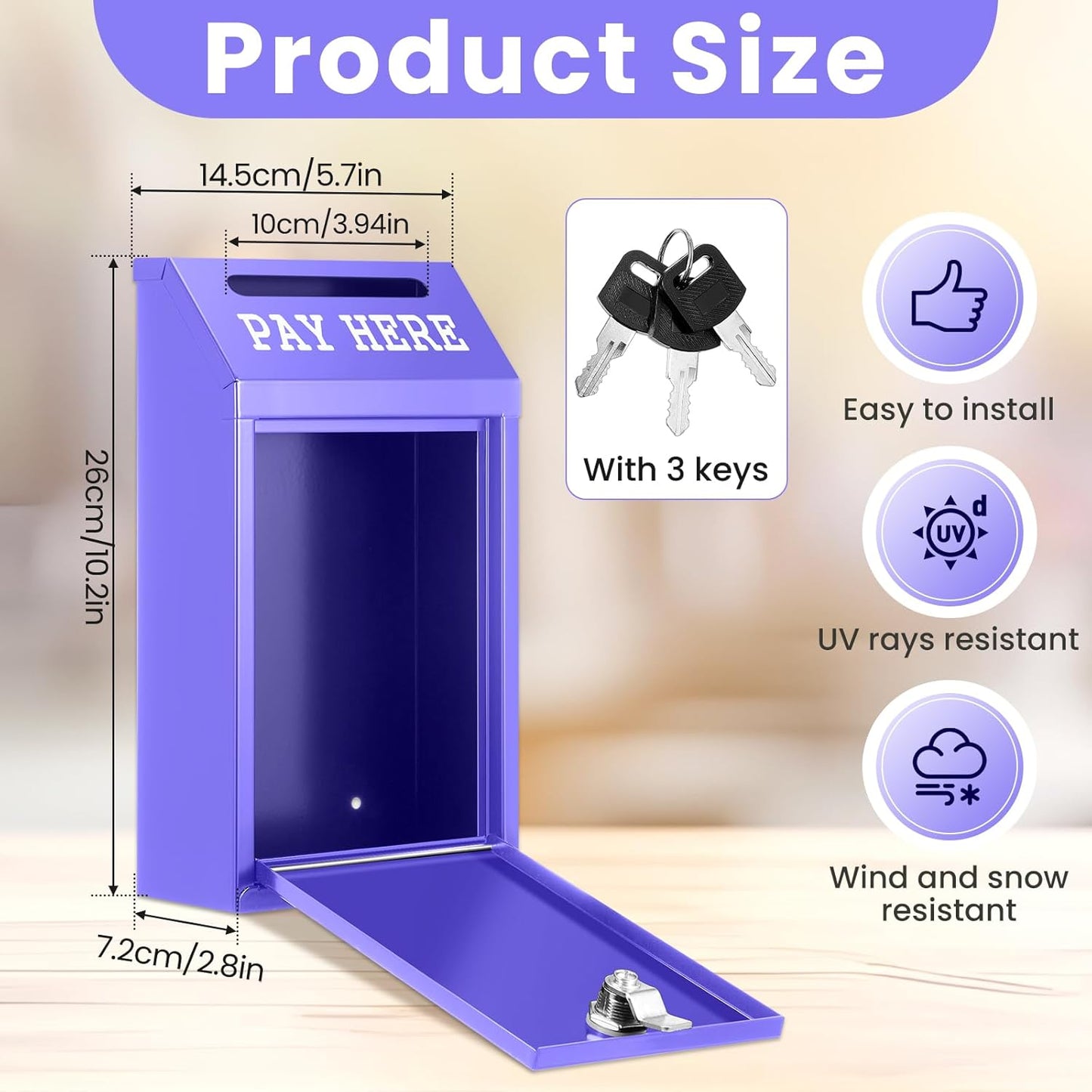 Safe Cash Box Money Collection Metal Donation Box with Lock Wall Mount Pre Drilled Mailbox Delivery Ballot for Home Office Outdoor Self Serve Stand (Purple,10.2 x 5.7 x 2.8 Inch)
