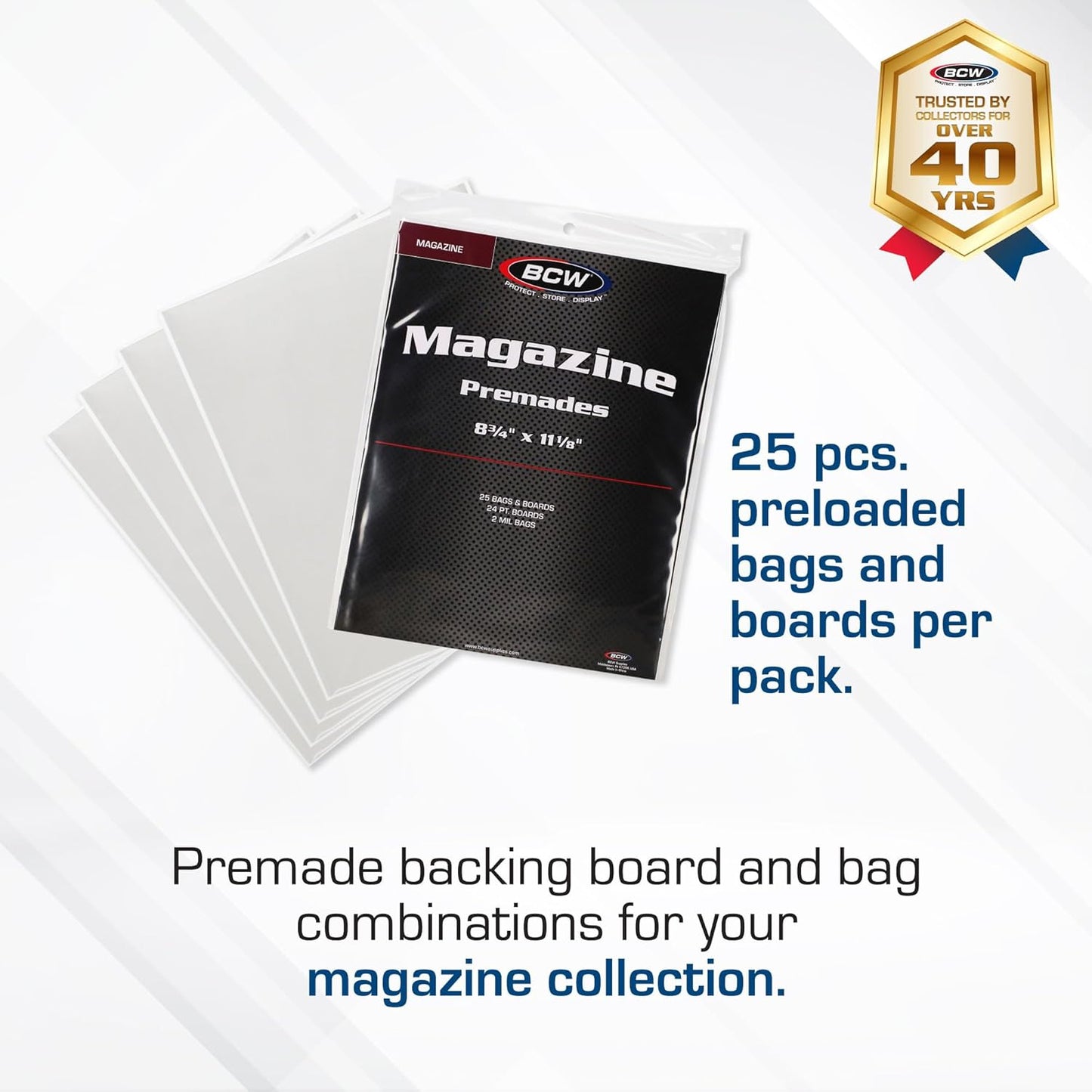 BCW Magazine Bags and Boards – (25 Pack) | Premade Non-Resealable Magazine Protectors | Standard Size 8 ¾" x 11 ⅛" | Magazine Sleeves and Boards Pre-Loaded for Storage and Display
