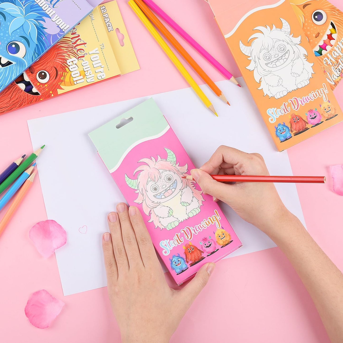 MOVINPE Valentines Day Gifts for Kids Classroom - 28 Pack Pre-Sharpened Colored Pencils Set Valentines Exchange Gifts, School Class Prizes Monster Themed 12 Assorted Colors 336 Count