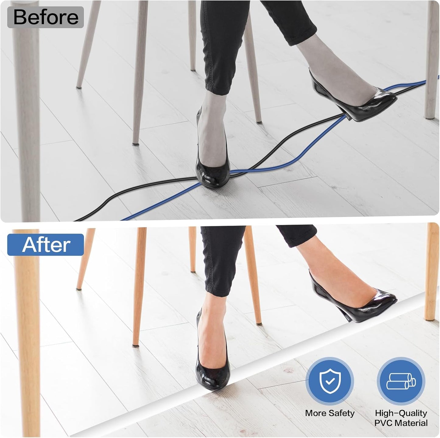 Floor Cord Cover Self Adhesive Cord Hider Floor Extension Cord Covers for Floor Power Cord Protector Cable Management Prevent Cable Trips Cable Cavity 0.32" W x 0.32" H (White, 3.3Ft)