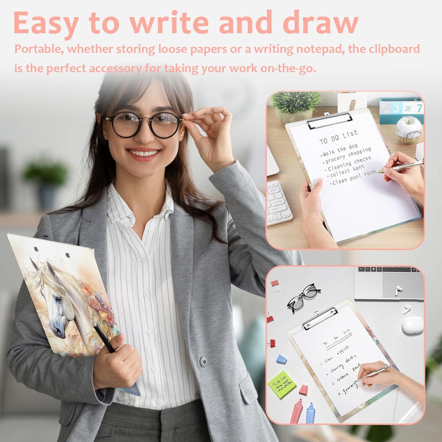 White Horse Plastic Clipboards,Cute Fashion Clipboard Decorative 8.5" x 12.5"Standard A4 Size Clipboards,Acrylic Clipboard for Teacher,Social Worker,Students,Nurse,Office Supplies