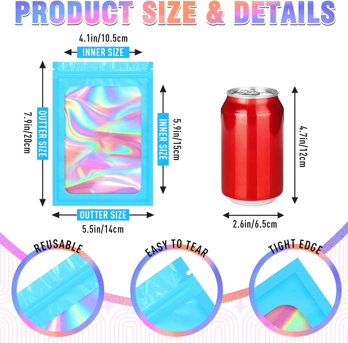 Mylar Bags, 100 PCS Smell Proof Bag, Holographic Bags, Packaging Bag (5.5x7.9 Inch)