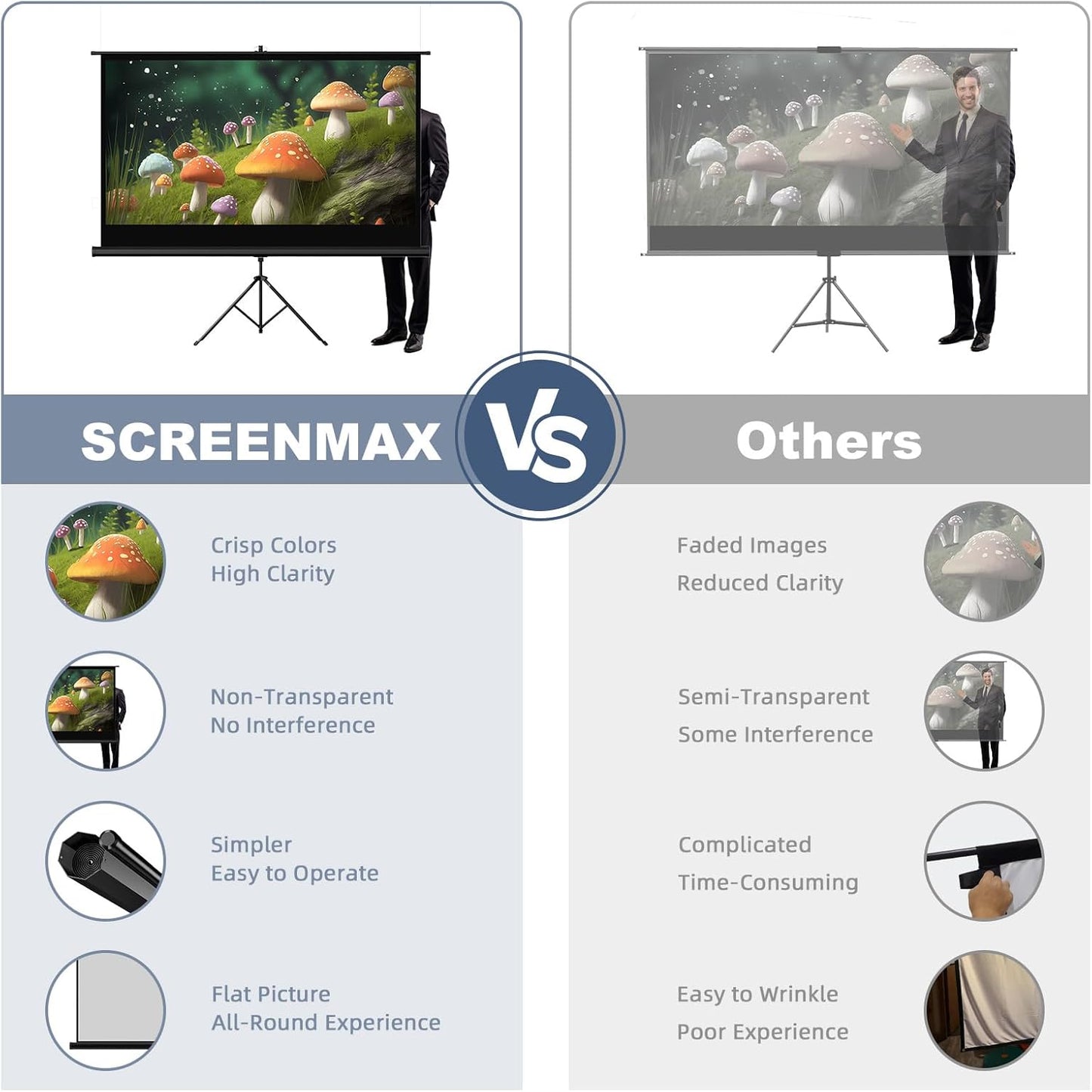 Outdoor Projector Screen with Stand Tripod, Indoor Pull Up Portable Projector Screen, 60 INCH 16:9 Adjustable Projection Screen with Carry Bag for Home Theater Backyard Party Movie Nights