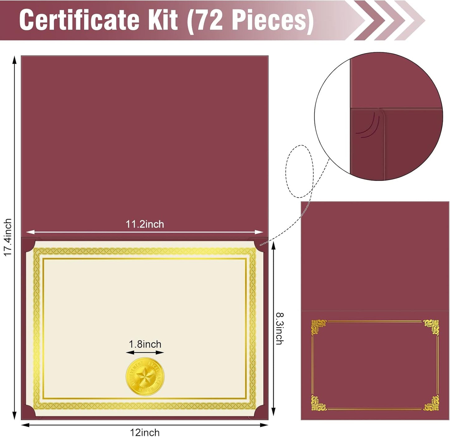150 Pcs Certificate Kit Include 50 Certificate Holders 50 Paper and 50 Embossed Seal Stickers Diploma Covers for Graduation, Competition Supplies(Dark Red)