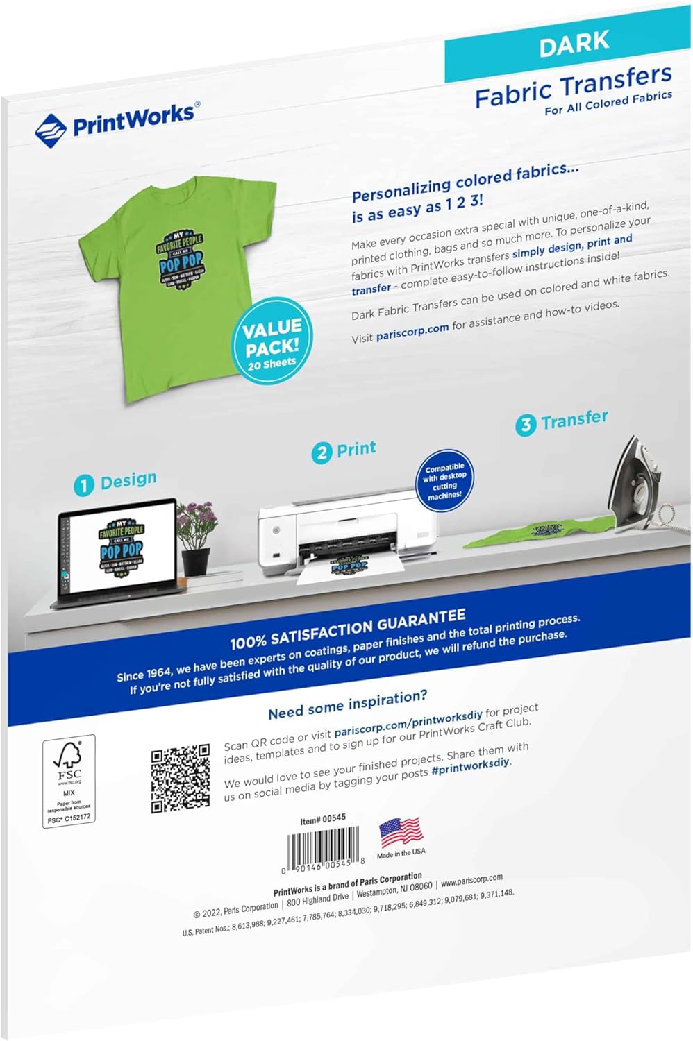 PrintWorks Printable Iron on Heat Transfer Paper for Dark Fabrics & T-Shirts, 8.5” x 11”, 20 Sheets, Easily DIY, Made in the USA