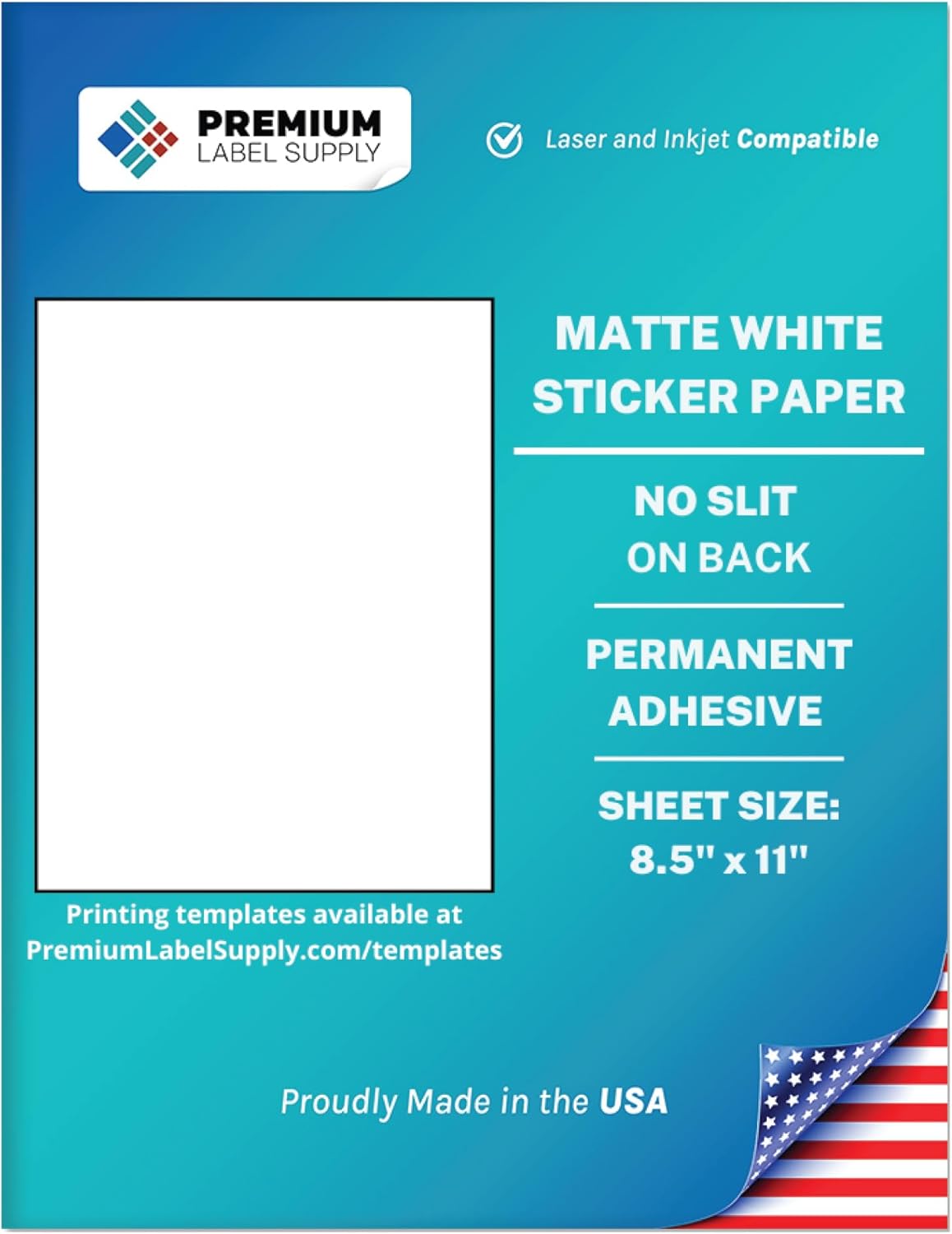 Premium Label Supply White Sticker Paper – No Back Slit - 8.5" x 11" – Laser/Inkjet Compatible – 1 per Sheet - 100 Sheets