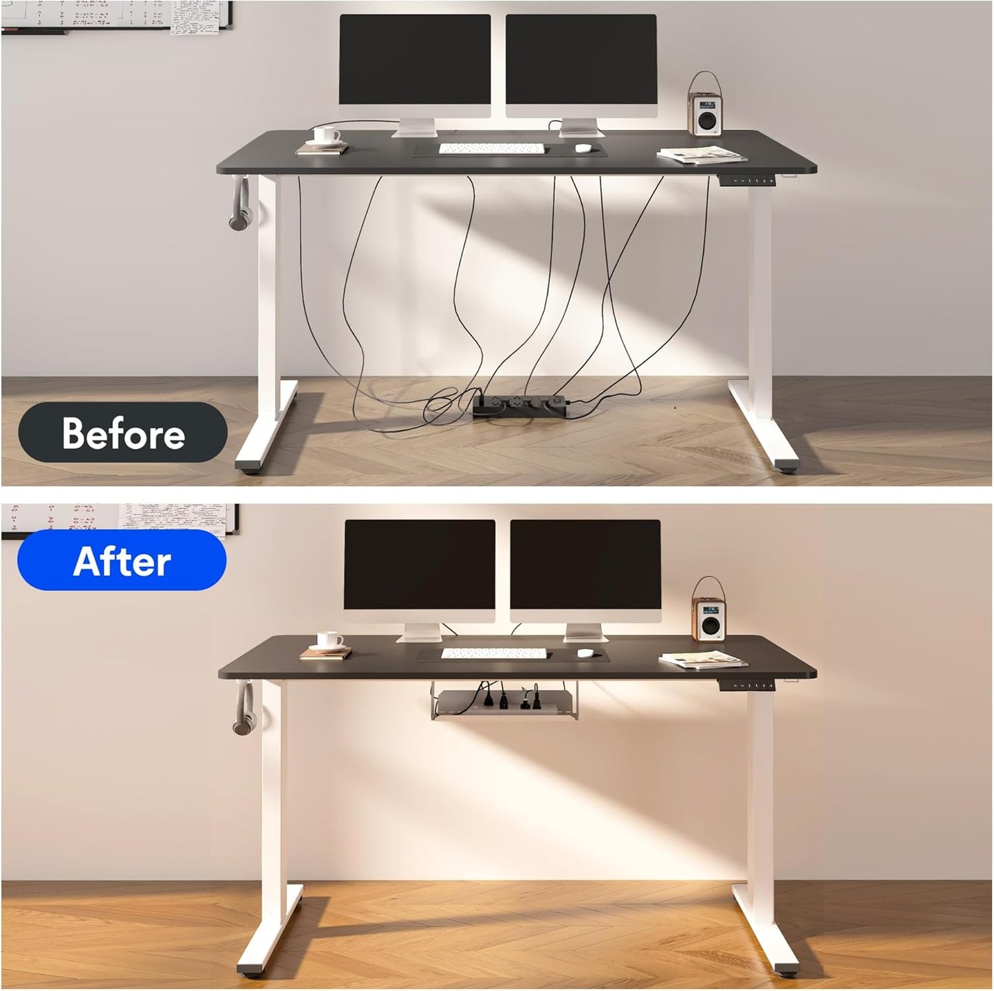 FLEXISPOT EN2 Whole-Piece Standing Desk with Clamp Power Strip, 60 x 24 Electric Stand Up Height Adjustable Desk with Cable Management (White Frame + 60" Black Desktop, 2 Packages)