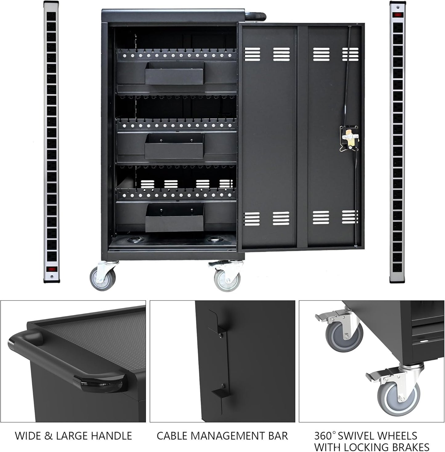 45-Device Mobile Charging Cart with Charging Power Strip and Front and Rear Access Locks, Cable Management, Up to 17"", Safe Charging Cabinet for Ipads, Chromebooks, Tablets, Laptops Black