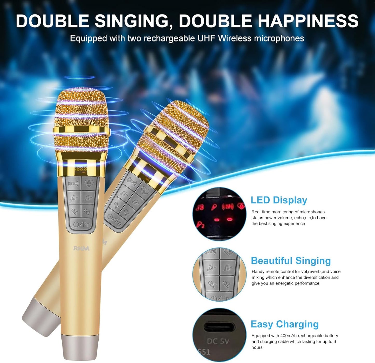 RHM K666 Karaoke Machine with Powerful & Clear Sound, 2 Wireless Microphones, Rechargeable Battery, 8 Hours Playtime, Support Bluetooth/AUX/USB/PC for Home, Party, Wedding, Picnic, Outdoors Activities