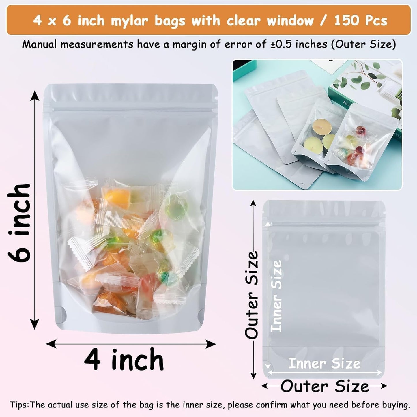 4X6 Resealable Bags 150 Pcs Mylar Bags for Food Storage Candy Packaging Mylar Bags with Window Reclosable Small Stand Up Pouches Edible Packaging for Small Business White