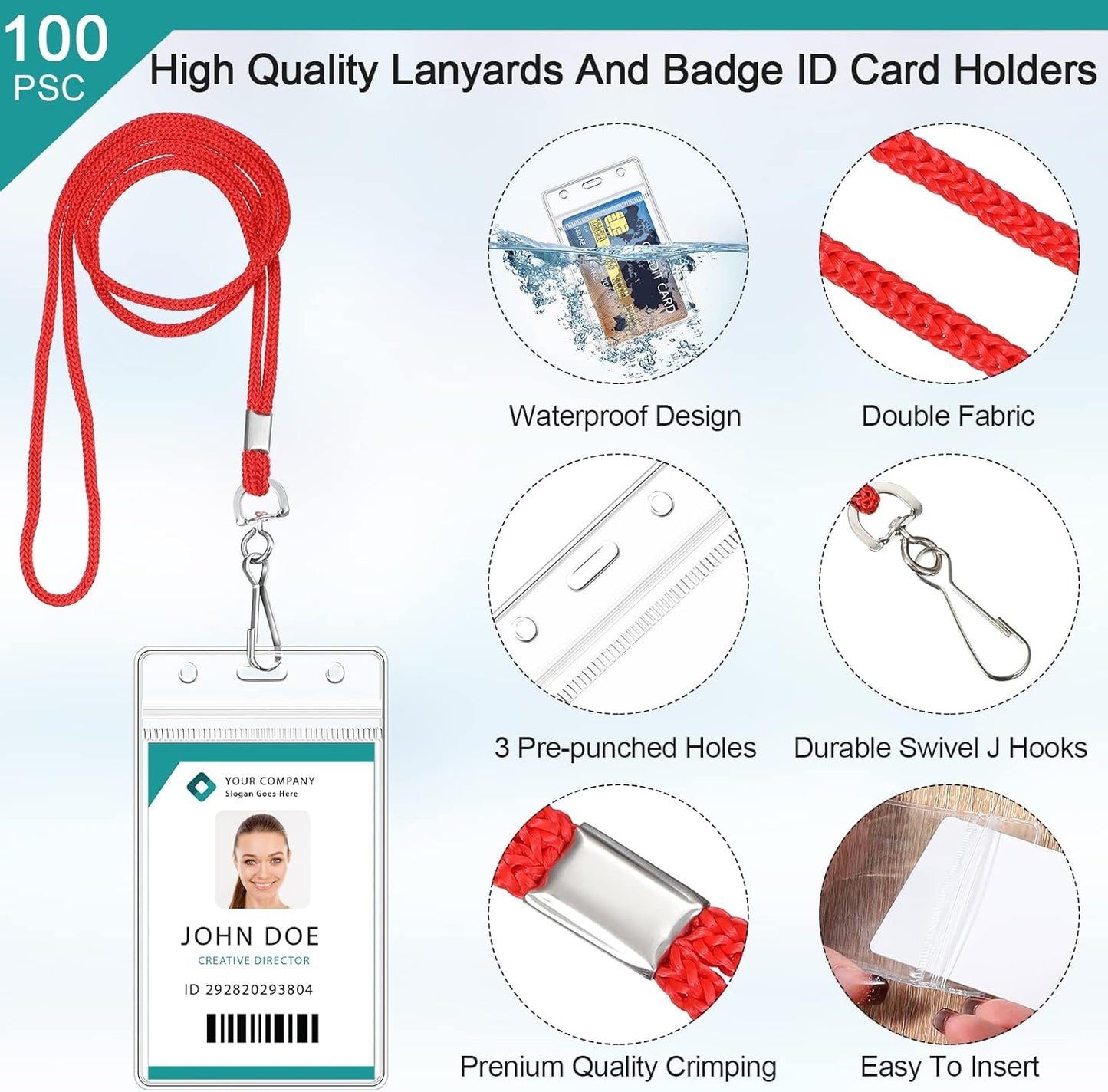 Marspark 100 Pieces Lanyards for ID Badges Name Tag Lanyards Bulk Neck Lanyard Badge Holder for Reel ID Card Name Badge Holder Waterproof Plastic Resealable Card Sleeves Hook Cords(Red)