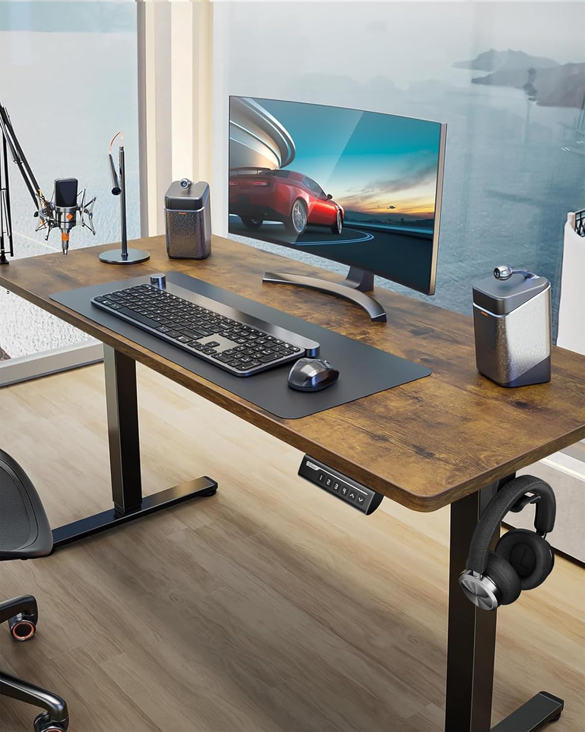 ErGear Height Adjustable Electric Standing Desk, 55 x 28 Inches Sit Stand up Desk, Large Memory Computer Home Office Desk with Two-Piece Desktop (Vintage Brown)