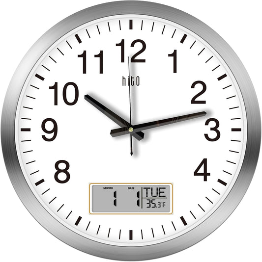 HITO 16 Inch Silent Wall Clock Battery Operated with Temperature and Date, Large Wall Clock for Living Room Decor, Office, Classroom, Bedroom
