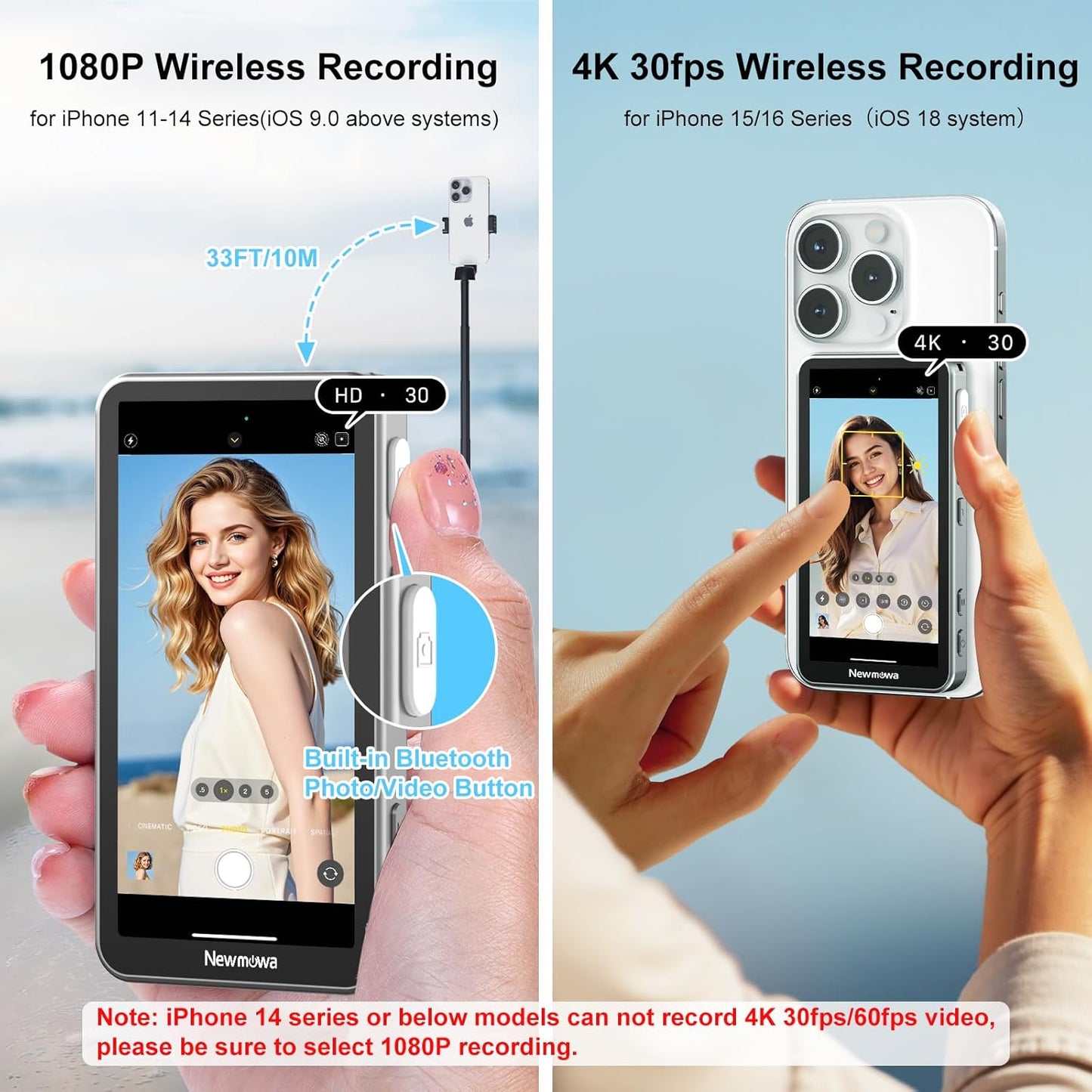 Newmowa Touchscreen Phone Vlog Selfie Monitor Screen, Magnetic Wireless Back Camera Selfie Monitor with Focus Adjustment ONLY for iPhone, Support 4K 30fps Wireless Recording for iPhone 15/16(Grey)