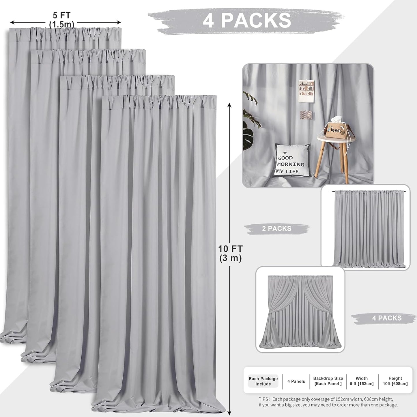 Grey Polyester Backdrop Curtains 20 ft x 10 ft Photography Backdrop Drapes for Birthday Party Decorations 4 Panels 5ft x 10ft