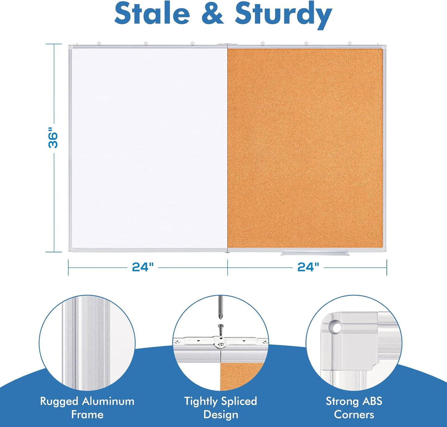 Magnetic White Board and Cork Board Combo, 48 X 36 inches Whiteboard Bulletin Combination Board, Wall Mounted Dry Erase Message Board for Home, School and Office