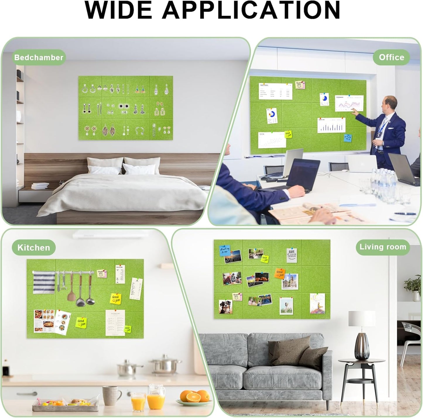 Large Cork Board for Wall 12 Pack, Bulletin Board 48" X 36", Felt Board Wall Tiles with 72 Damage-Free Removable Pads & Push Pins, Alternative Pin Board Cork Board for Office Home, Green