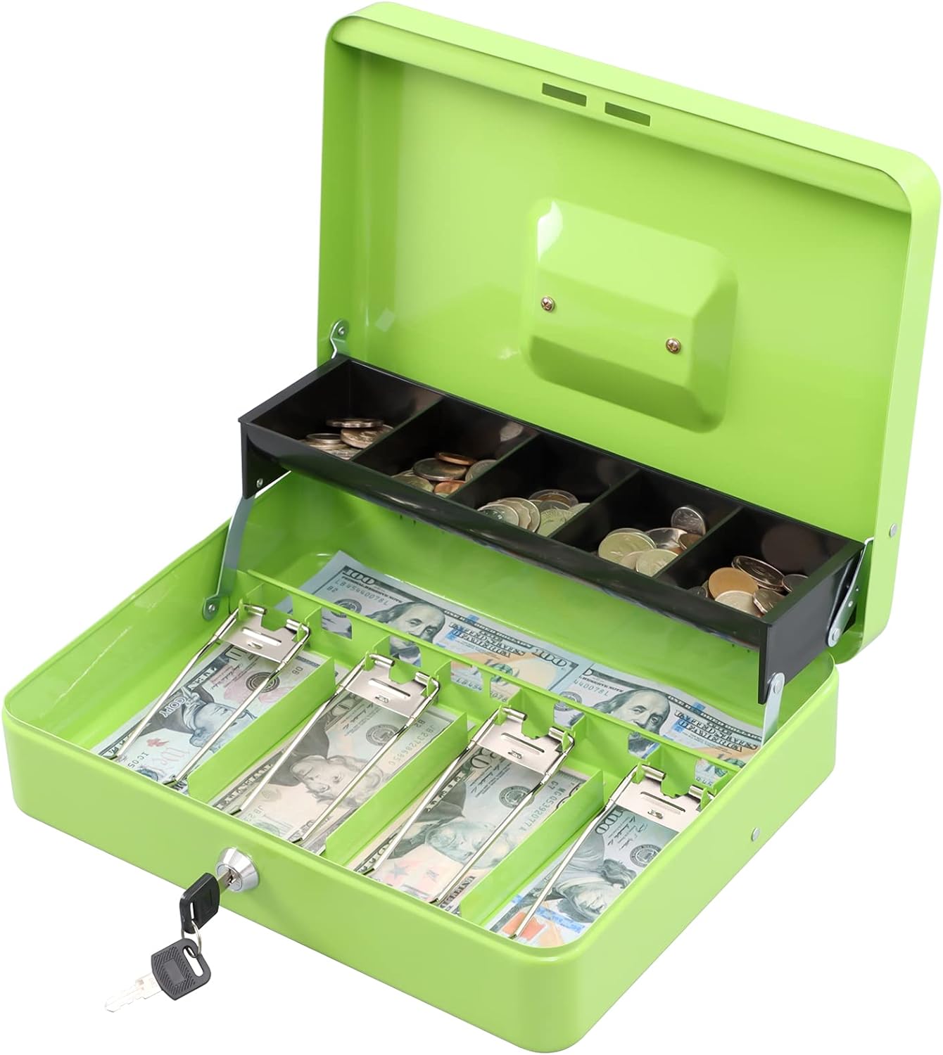 KYODOLED Locking Cash Box with Lock,Money Box with Cash Tray,Lock Safe Box with Key Money Saver,Money Saving Organizer,11.81Lx 9.45Wx 3.54H Inches,Limegreen XL Large