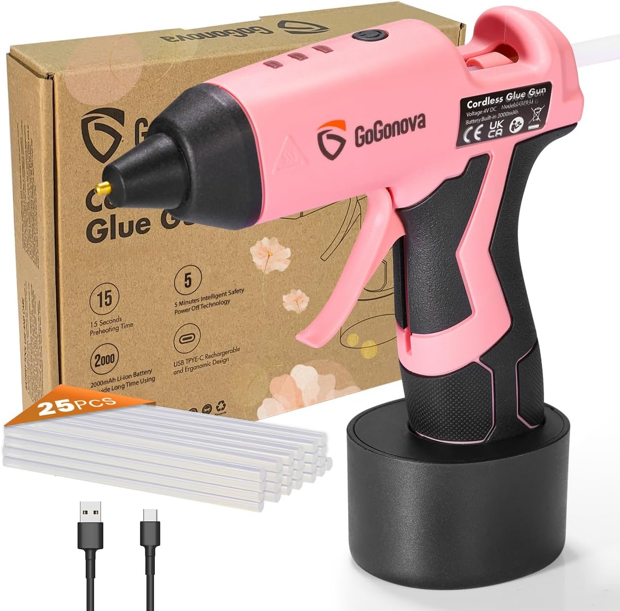 GoGonova Cordless Glue Gun, 15s Fast Preheating 2Ah Cordless Hot Glue Gun with 25 Pcs Premium Mini Glue Gun Sticks, USB-C Battery Rechargeable Hot Glue Gun, Smart Power-Off, Pink