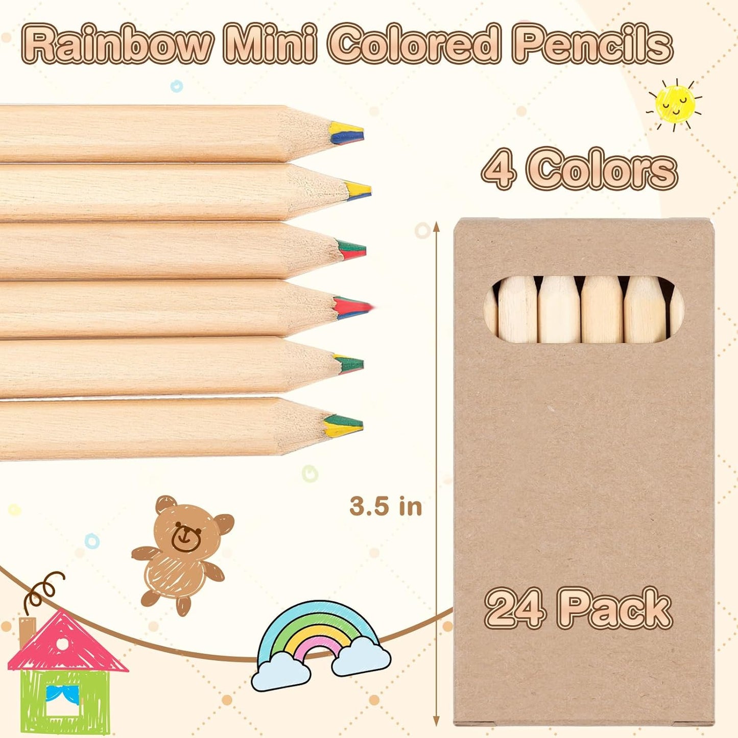 Ctosree 24 Packs 4 in 1 Rainbow Pencils 3.5 Inch Mini Colored Pencils Bulk in Kraft Boxes Gift for Kids Classroom School Drawing Birthday Christmas Party Favor, 6 Per Pack