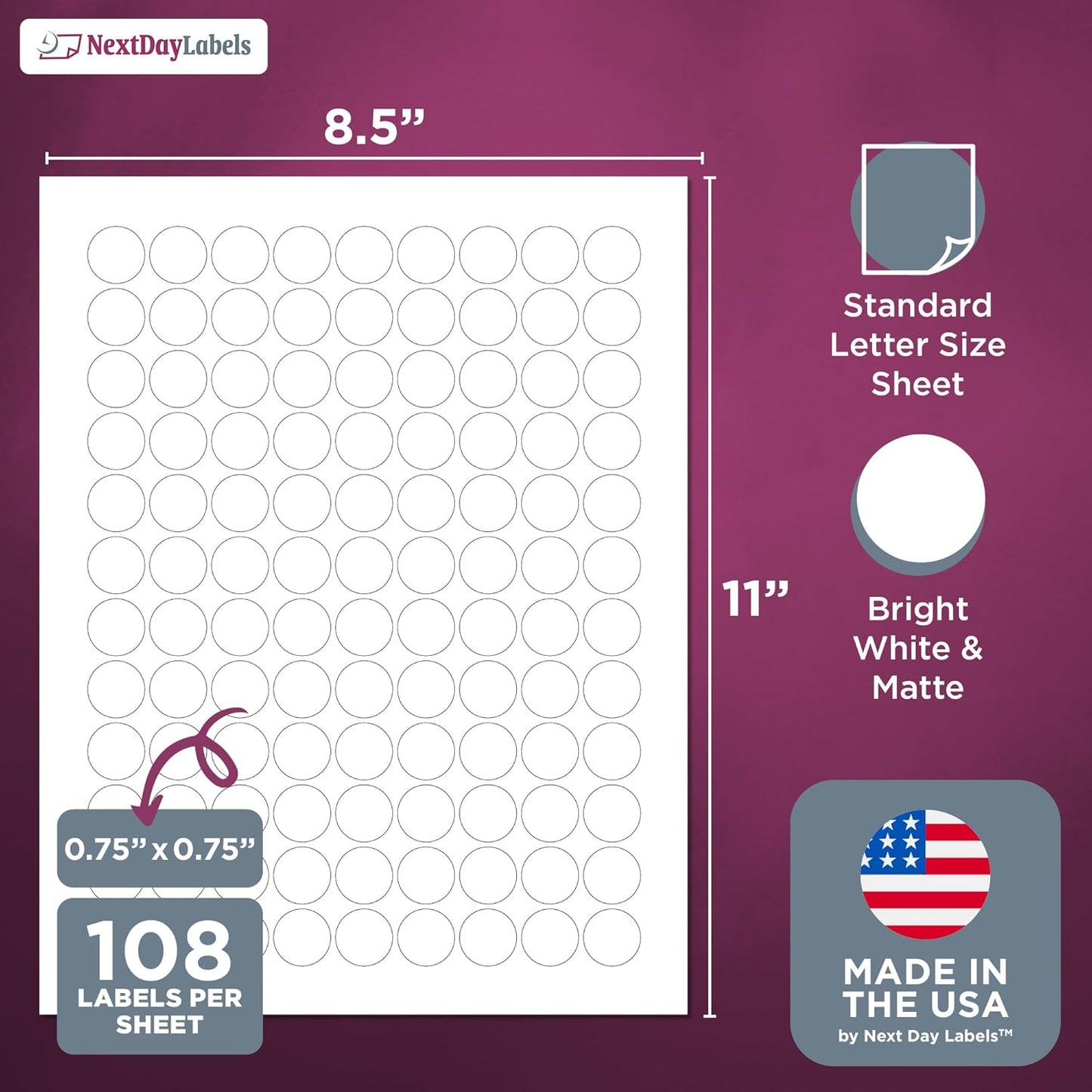 NextDayLabels 3/4 Inch Round Labels - Matte White Blank Circle Stickers, 2700 Printer Labels (108 Per 25 Sheets)