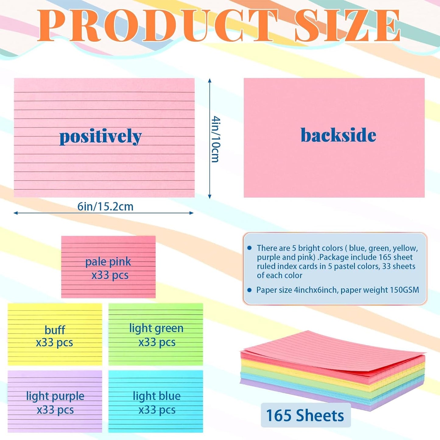 Tecmisse Colored Index Cards 4x6, 165 Pack, Ruled Note Cards, Flash Cards for Studying, Heavy Notecards for Office and School, One Side Lined, One Side Blank