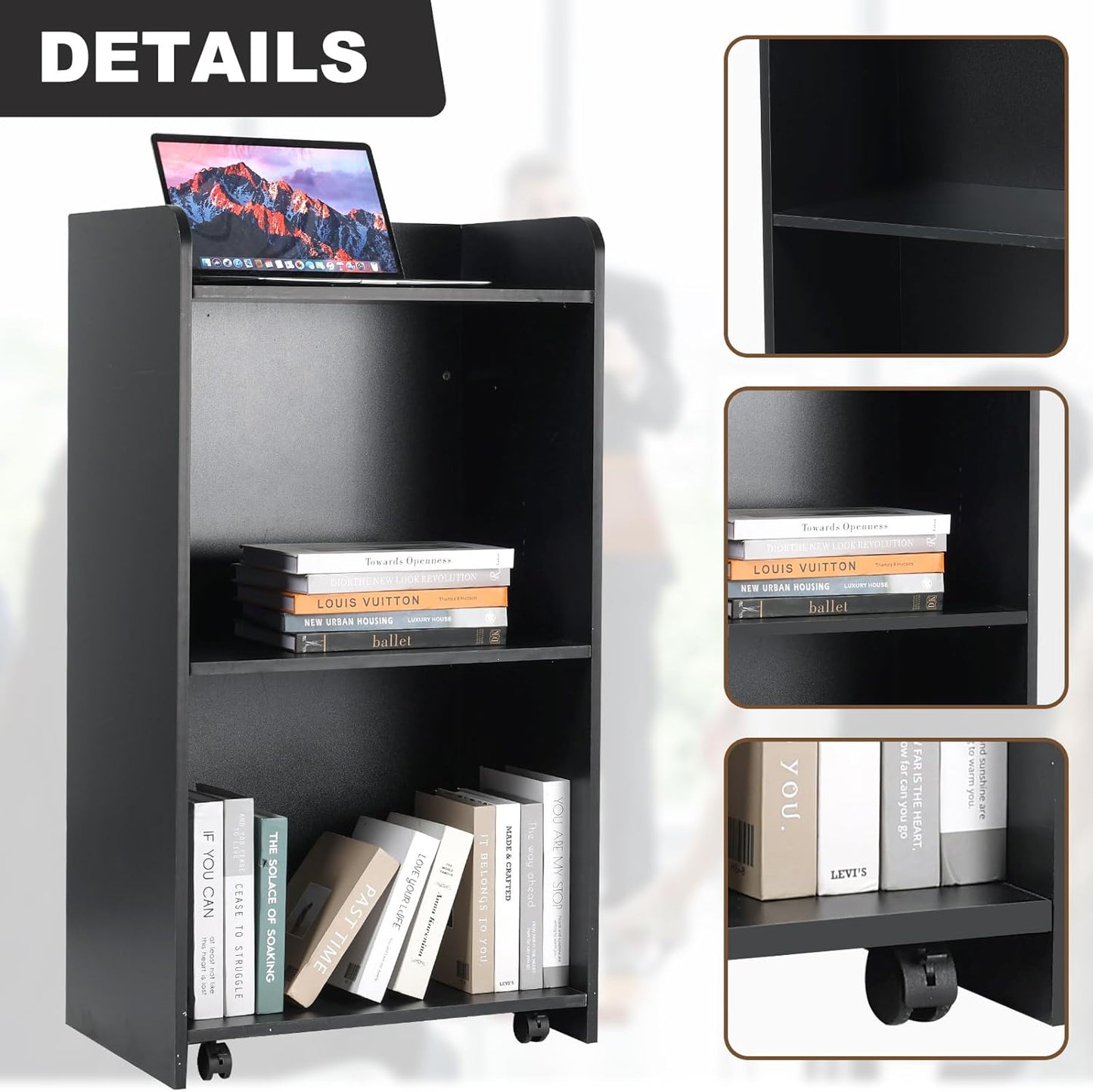 Podium Stand with Wheels, Black Wooden Mobile Lectern, 41.73x22.8x17.7 Inch, 2-Tier Storage for Church, Classroom, Presentation