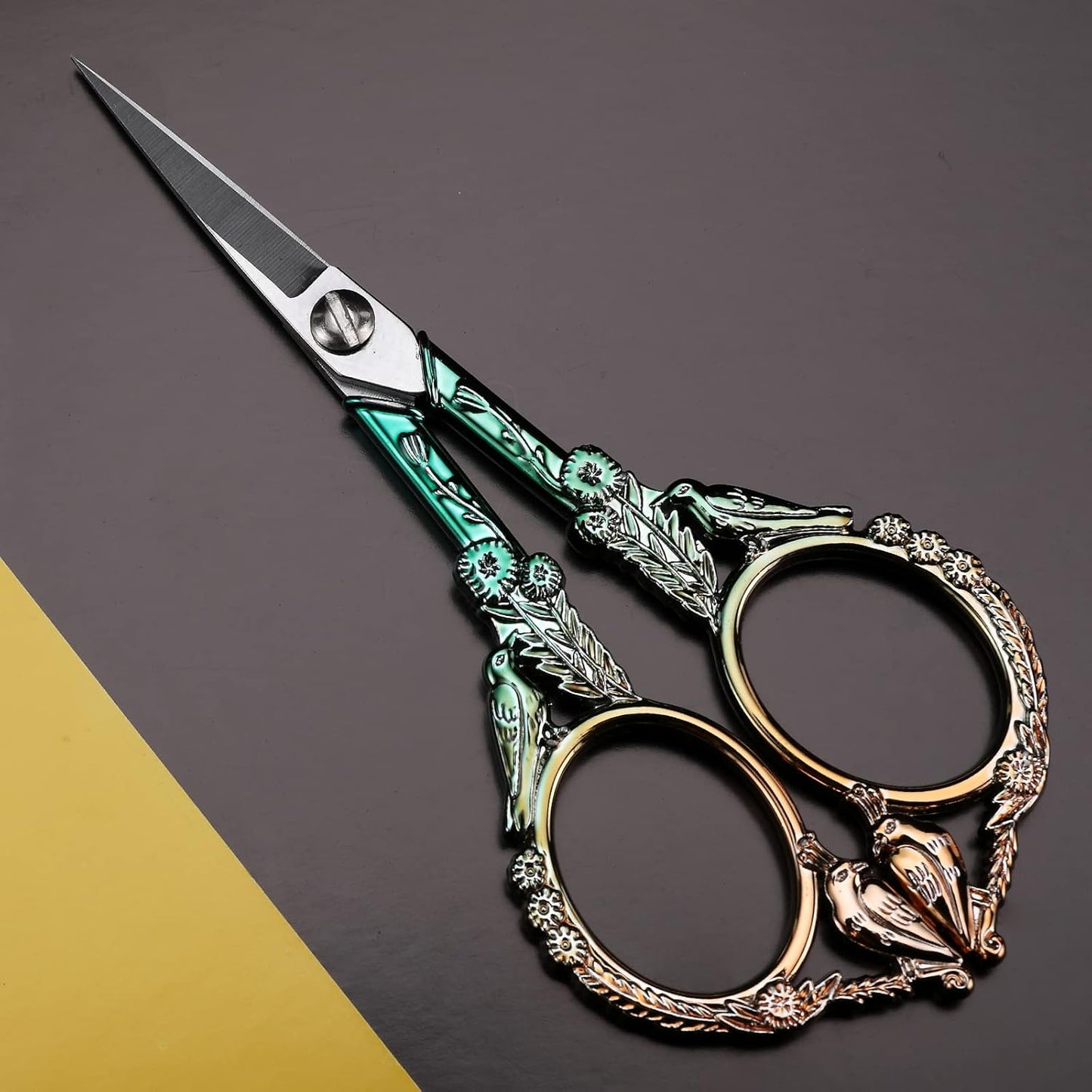 Embroidery Scissors, Sharp Pointed Sewing Scissors for Craft Cross Stitch Needlework Artwork Knitting Threading Small DIY Tools, 4.6in Gold Green Cute Bird