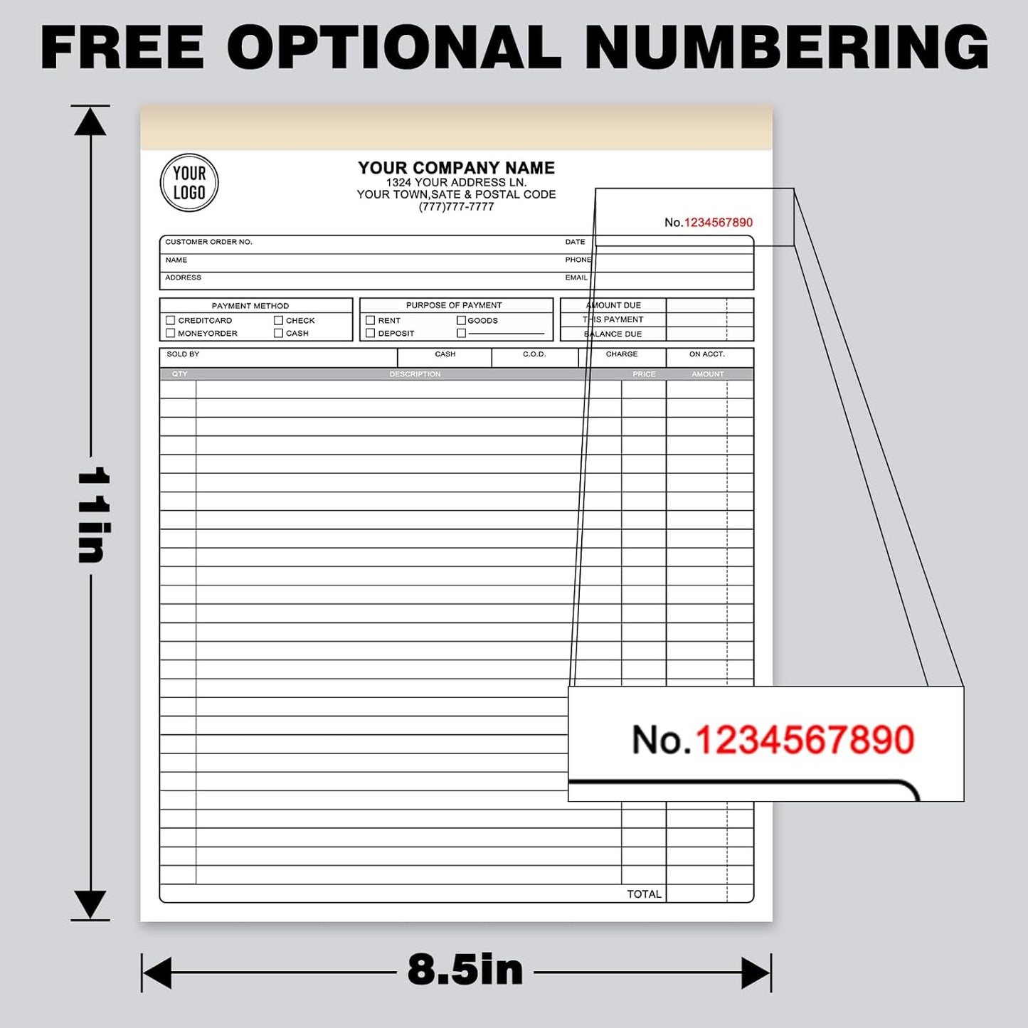 Custom Sales Invoice Personalized Carbonless NCR Forms with Company Name/Logo Personalized Invoice, Receipt Book, Work Sales Purchase Orders, Estimates, Quote Forms 8.5" x 11" - 3 Part(150 Sets)