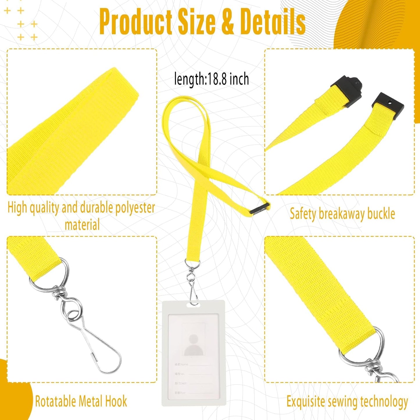 Patelai 60 Pcs Breakaway Lanyards with J Hook Bulk Flat for ID Badges Neck Badge Lanyards Card Nametag Holder Neck Straps (Yellow)