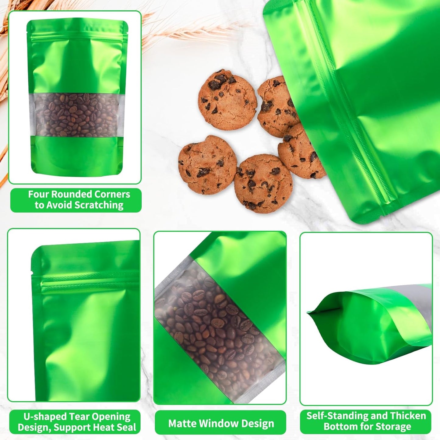 100 Pack Smell Proof Bags, Resealable Green Mylar Bags with Matte Window, Foil Pouch Stand Up Sealable Bags for Packaging, 5.9 × 8.66 Inch