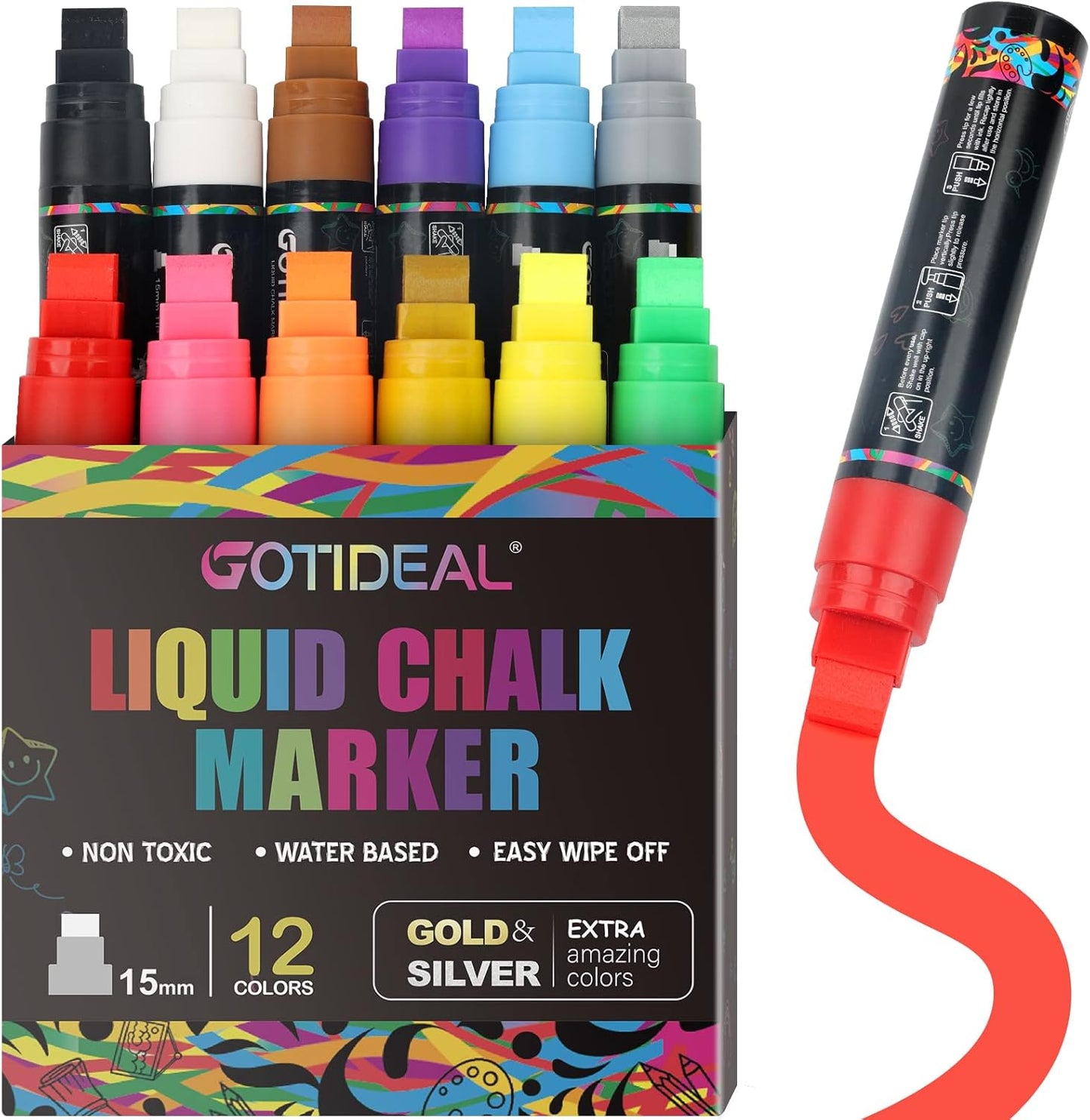 GOTIDEAL Window Markers, Jumbo Chalk Markers for Blackboard Erasable,Washable Car markers for Auto,Chalkboard,Glass,Mirrow,Calendar,Thick Tip12 Colors Car Paint Pens With Metallic Colors(15mm)