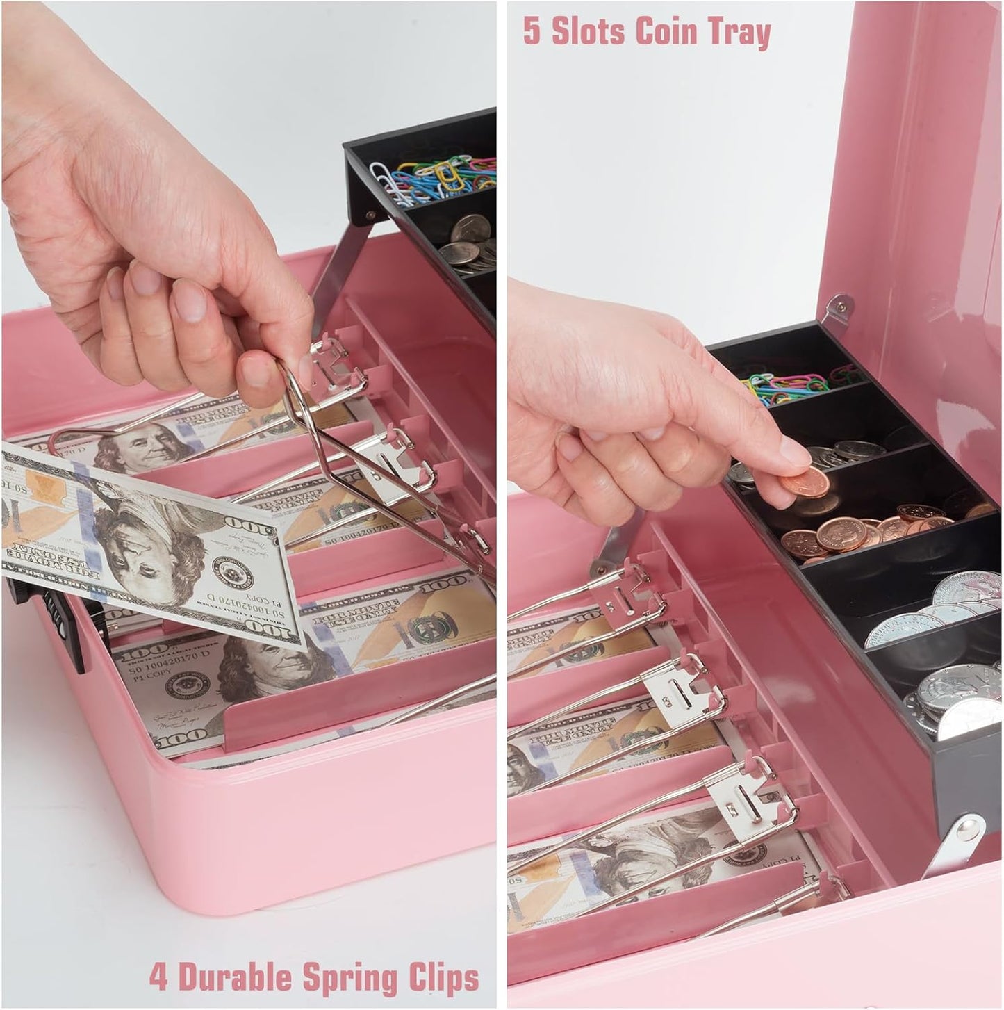 Cash Box with Money Tray and Combination Lock, Large Money Box for Cash Regiser, Safe Lock Box for Money Saving Metal 11.8"x9.45"x3.54" Pink XL Large