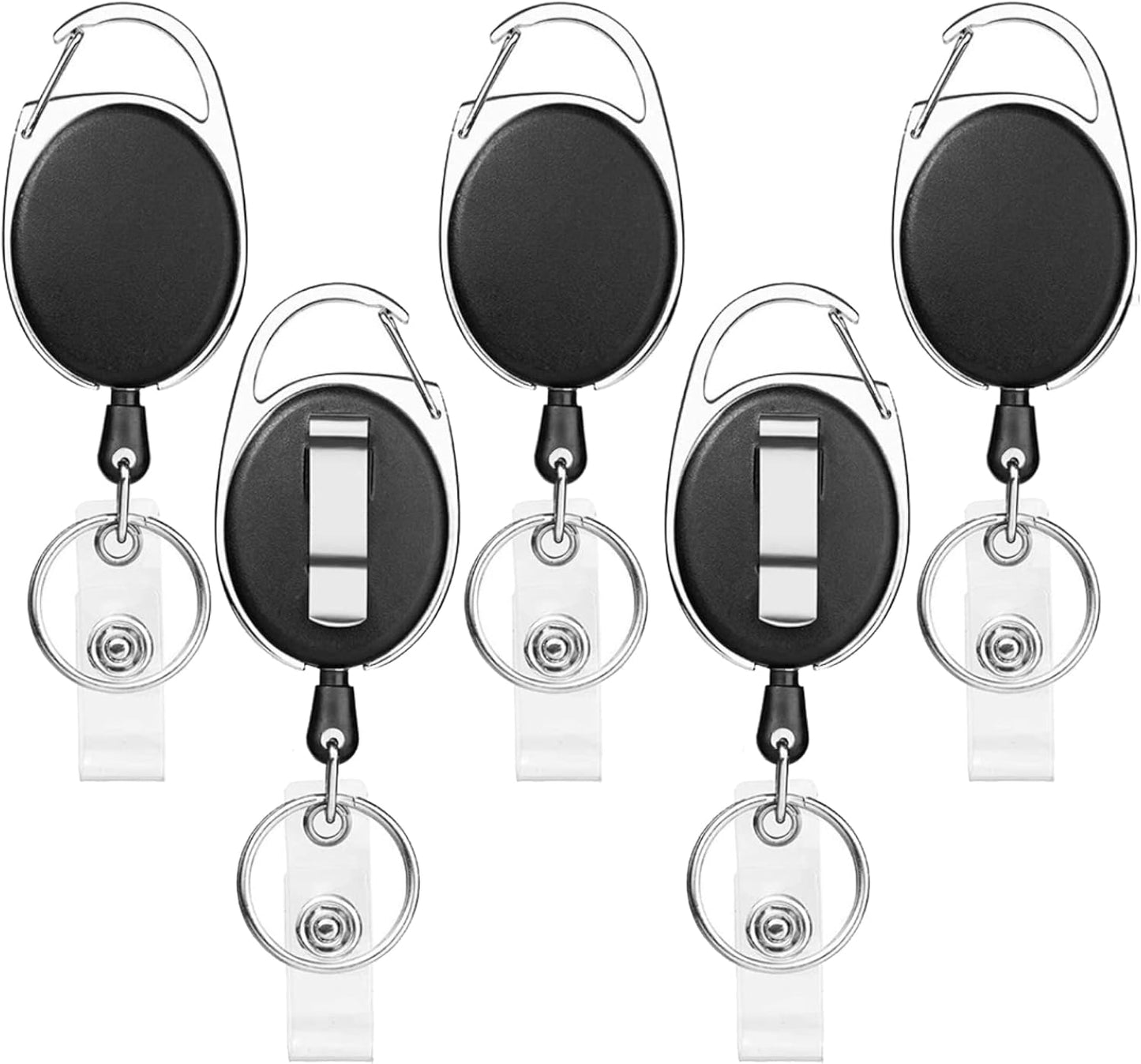 5 Pack Heavy-Duty Retractable Badge Holders with Carabiner Clip and Key Ring, Black ID Badge Reel for Office, ID Card Holder and Key Chain