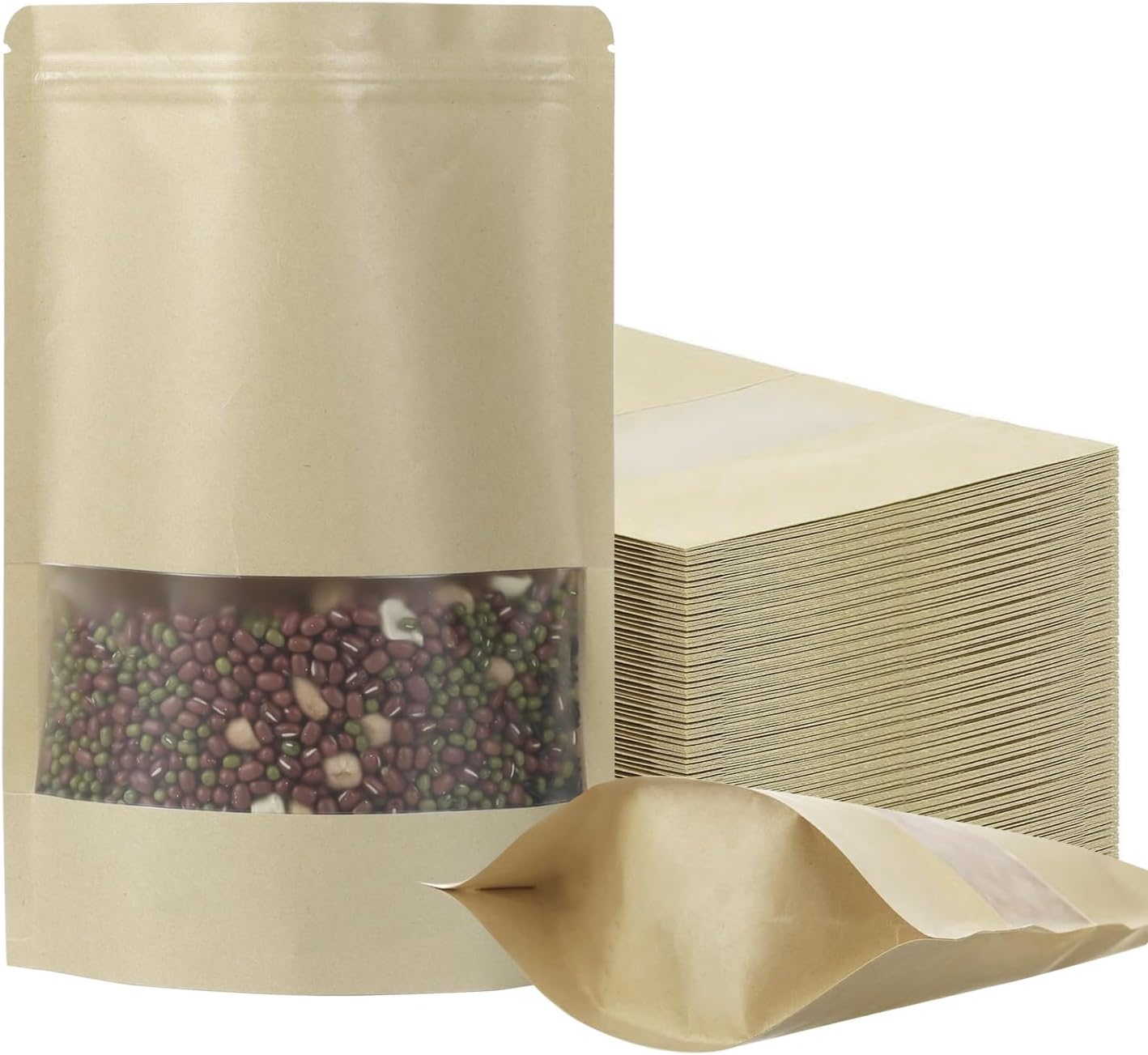 100 Pack Bags, Resealable Bags with Clear Window, Stand-up Bags for Sealing Storage, Scratch Resistant Hand Storage Bags. (Kraft Paper, 4.7×7.9 Inch)