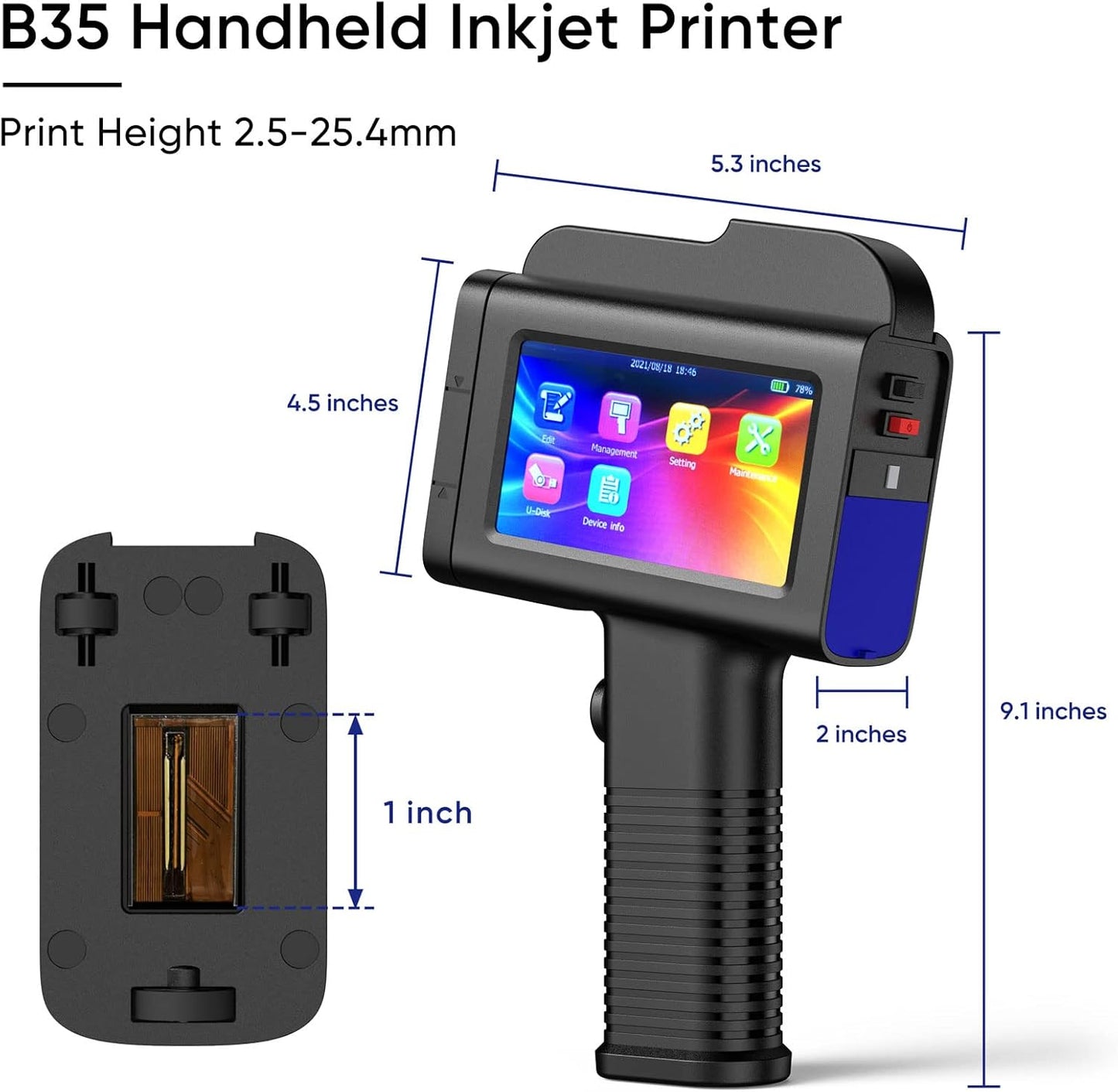 Handheld Inkjet Printer with LED Touch Screen for Code Date QR Logo Text Serial on Wood, Metal,Plastic,Pipe, Fabric,Cement, Leather and Glass Surface(Support 17 Language) (1inch/B35)