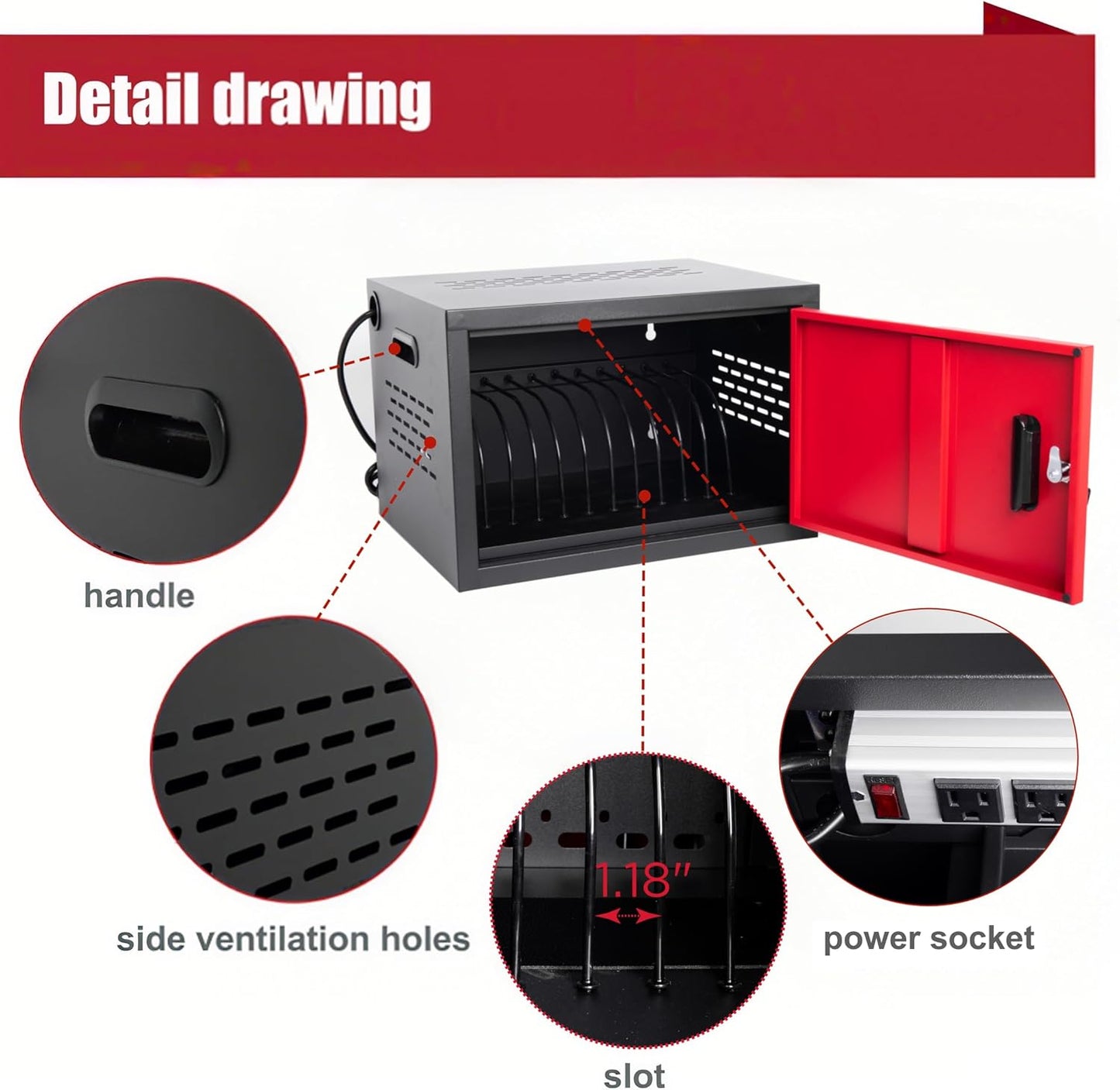 12 Device Charging Station for Laptops/Tablets/iPads/Chromebooks,12 Bay Wall-Mount Lockable Charging Cabinet with Power Socket, Laptop & Tablet Storage Cart(12 Bay-Red)