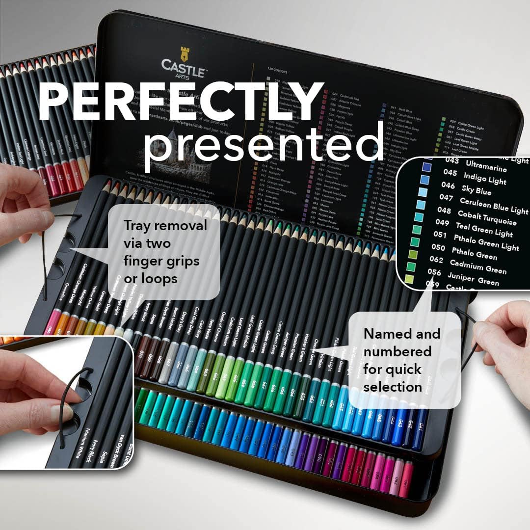 Castle Art Supplies Colored Pencils Set | 120 Premium Soft Core Coloring Pencils for Adults | Organized in Presentation Tin Case
