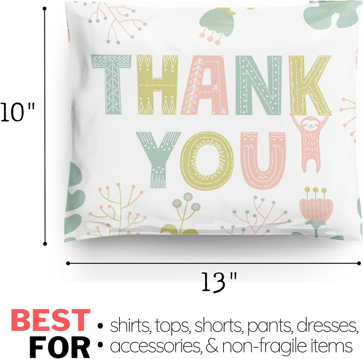 Poly Mailers 10x13 100 Pack | Self-Sealing Shipping Bags Envelopes for Small Business | Waterproof Durable Packaging | Thank You | Sloth Floral Pink Animal | à la mode Mailers