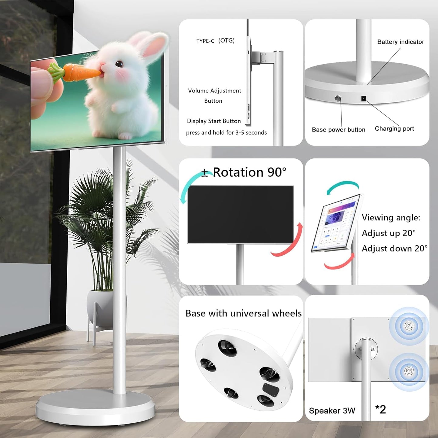 OFD 22-Inch Portable TV on Wheels 1080P,4GB RAM+64GB ROM,Rotating Touchscreen Monitor 100% sRGB,Portable Tablet with Base,Android 13 OS,6000mAh Battery(4-6H),Rolling TV(Without Webcam),White