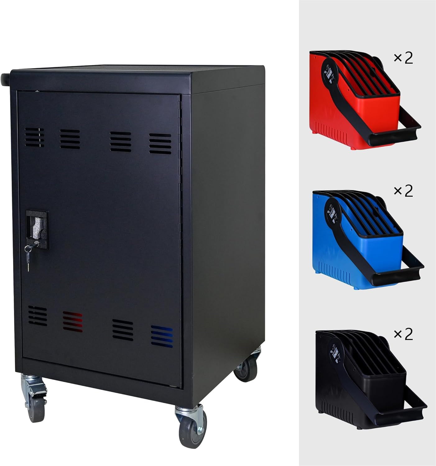 32 Plastic Device Lockable Charging Cart Holds Up to 14" with 6 5-Device Storage Compartment Tablet Laptop for Mobile Charging Storage Trolley with Cable Management Dividers Cable Clips Black