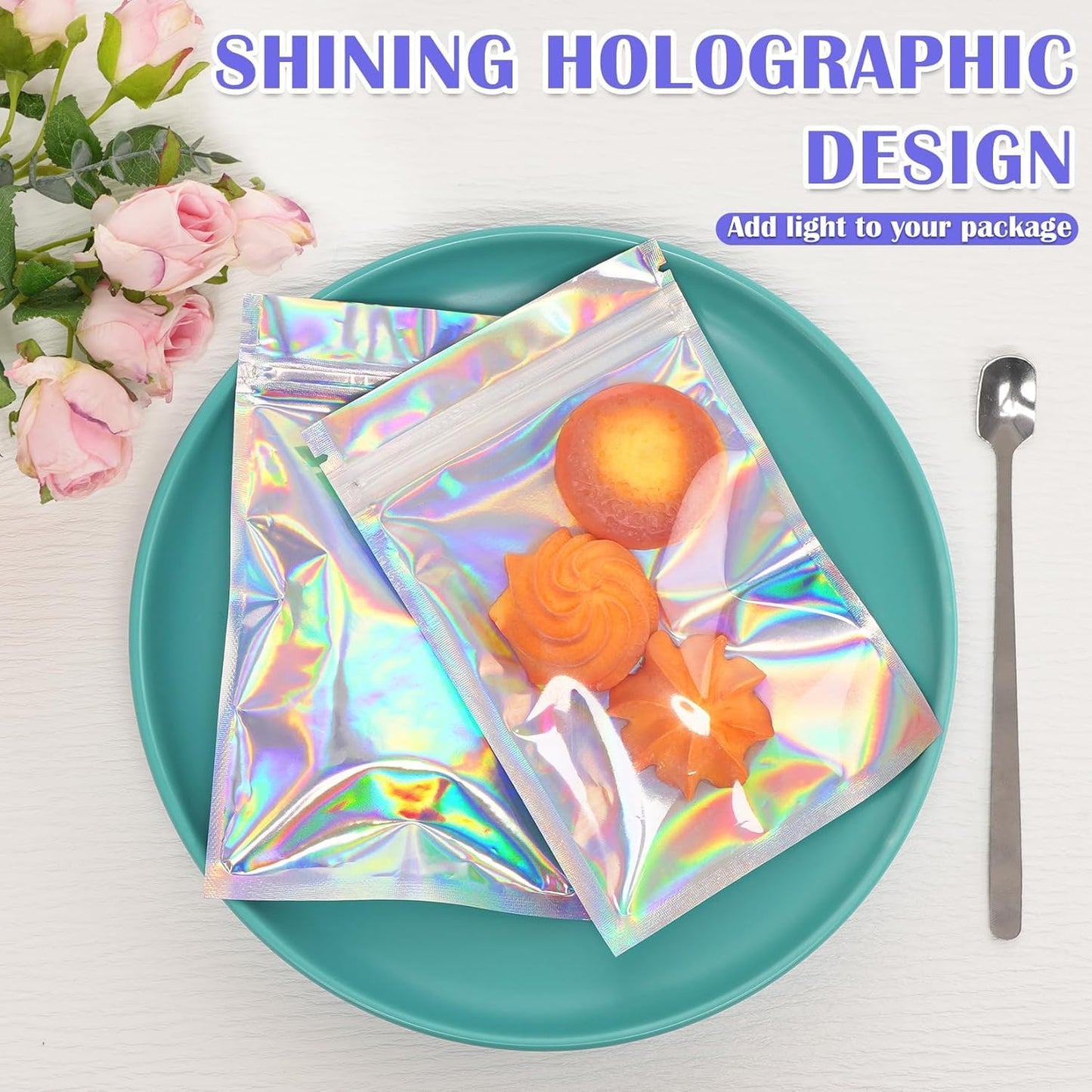 300 Pcs Mylar Bags, Smell Proof Bags Foil Pouch, Holographic Resealable Bags for Small Business, Candy Sample Jewelry Bag Sealable Packaging for Party Favor Food Storage (5.5x7.9in)